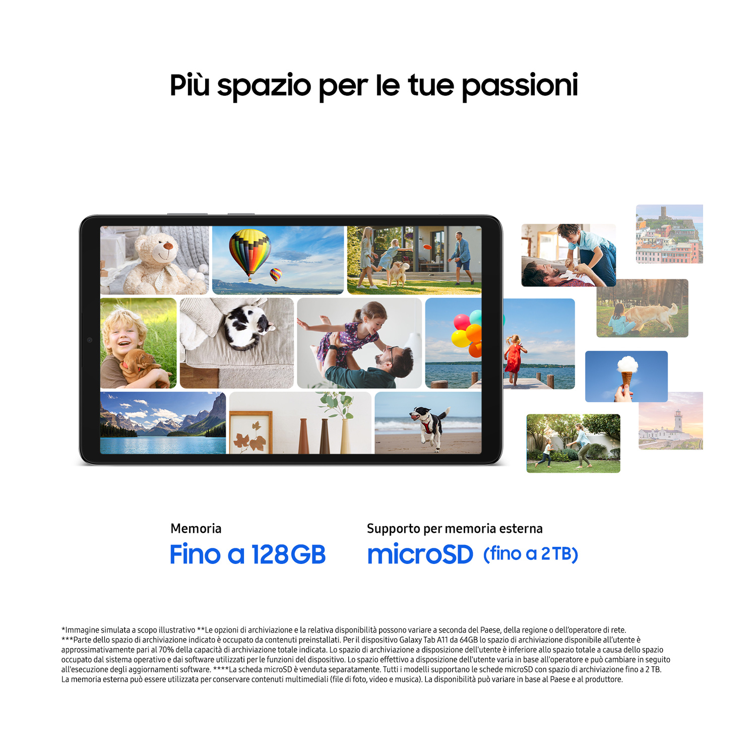 Un tablet mostra varie foto insieme a testo su memoria e supporto microSD.
