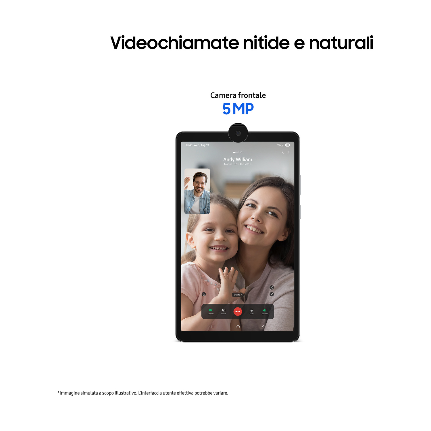 Schermo del tablet che mostra una videochiamata con una madre, una figlia e un uomo.