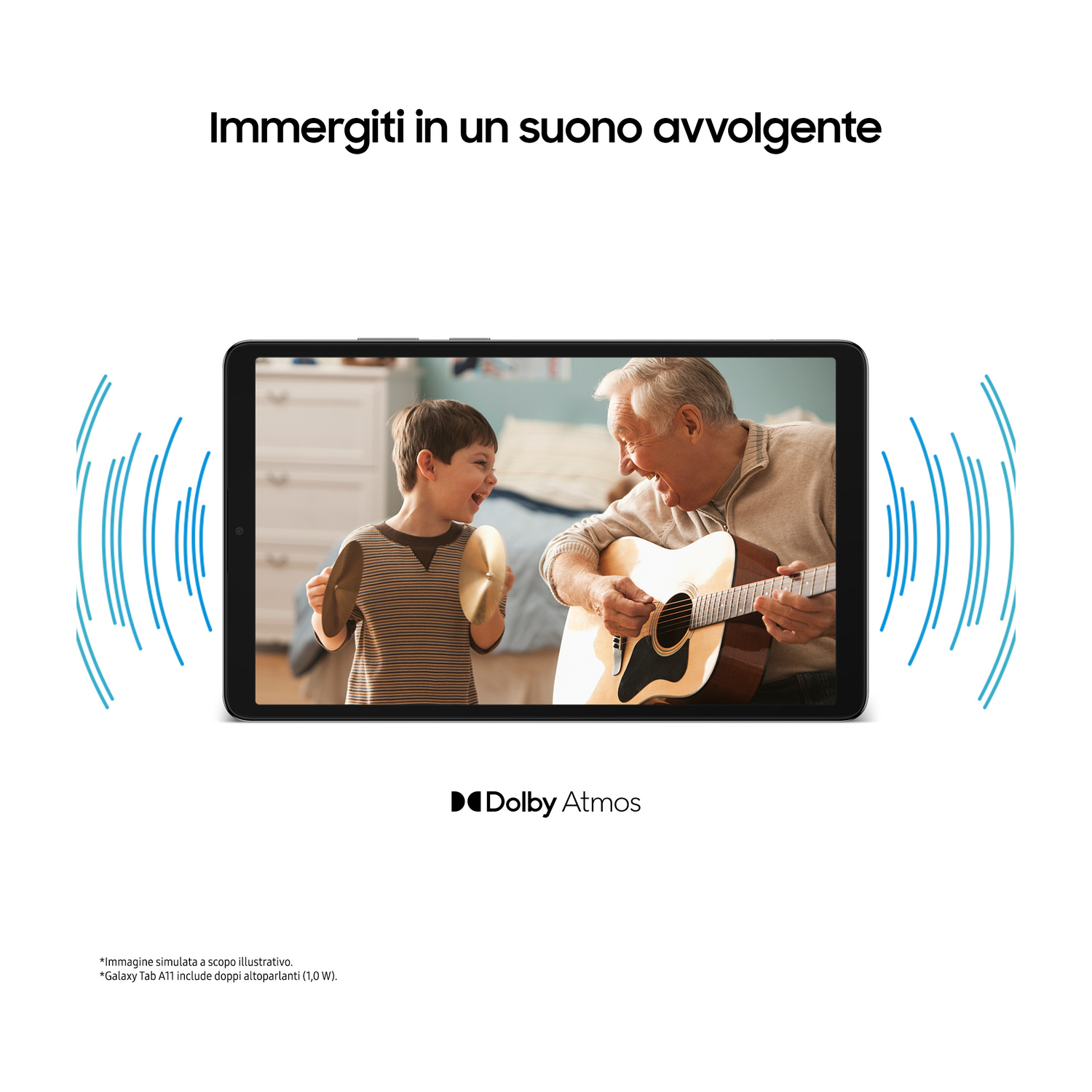 Un anziano suona la chitarra e un bambino ride con i piatti, mostrato su un tablet con onde sonore.