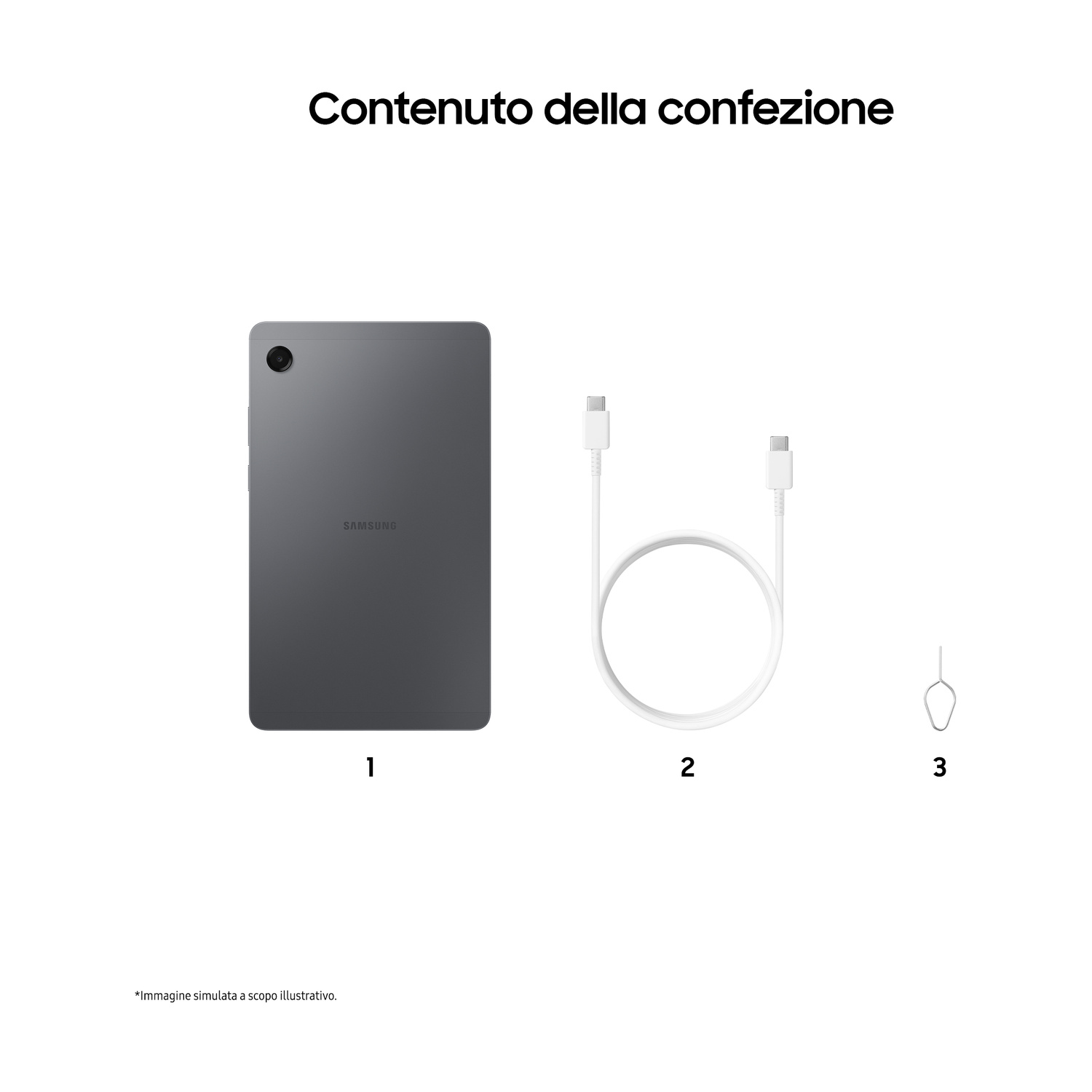 Contenuto della confezione con tablet, cavo USB-C e spillo per SIM.
