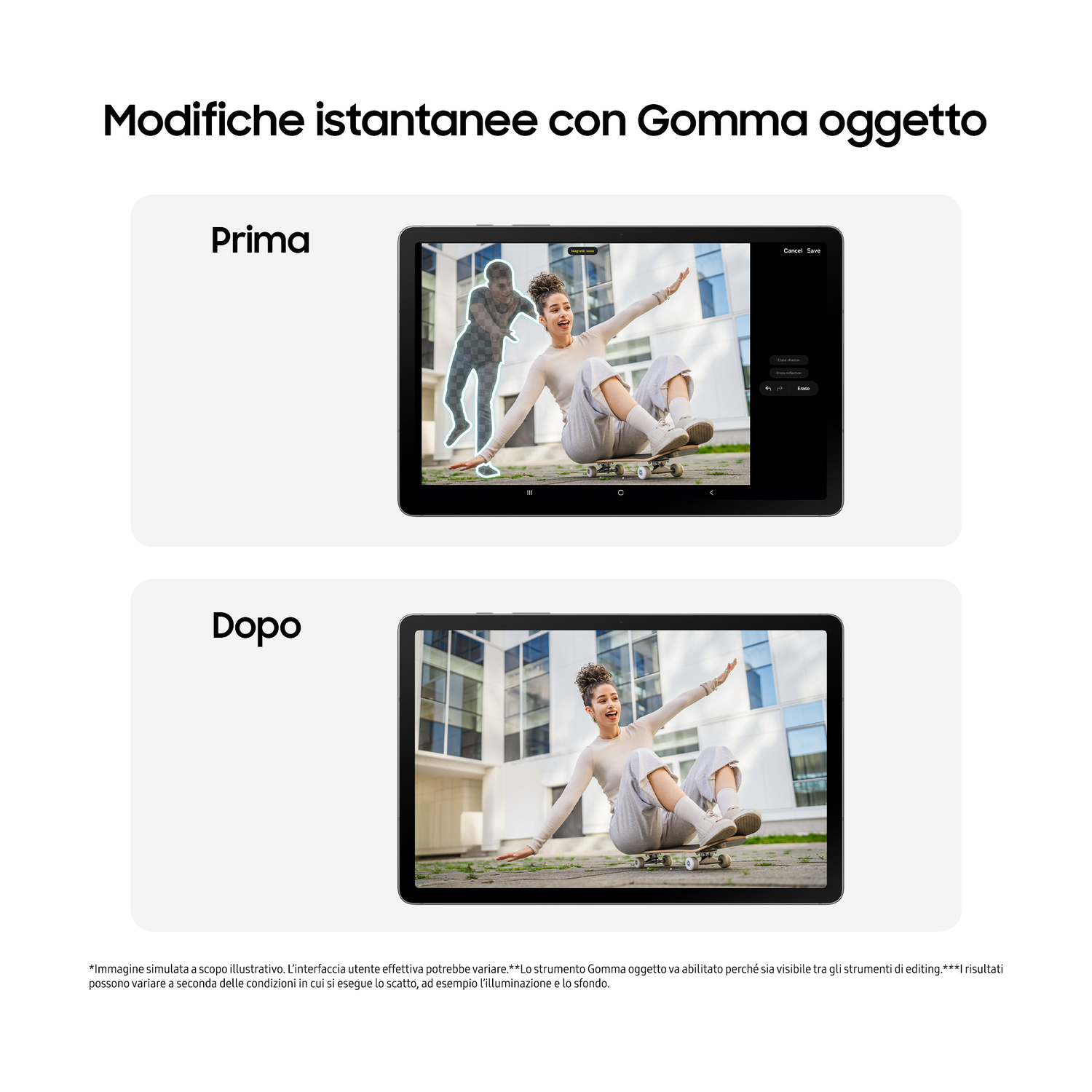 Schermo tablet prima e dopo che mostra lo strumento gomma oggetto che rimuove una persona.