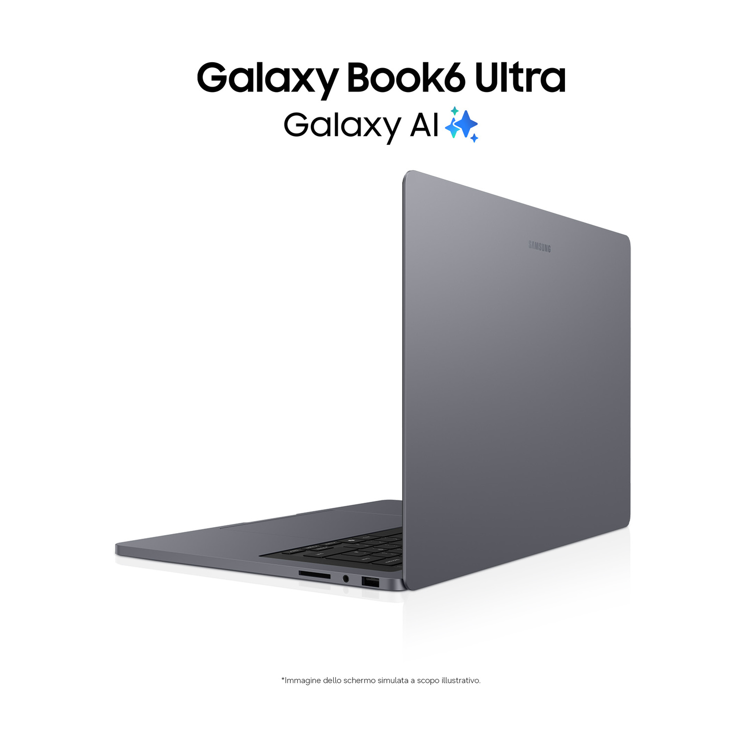 Un laptop grigio Samsung Galaxy Book6 Ultra su sfondo bianco con testo sopra.