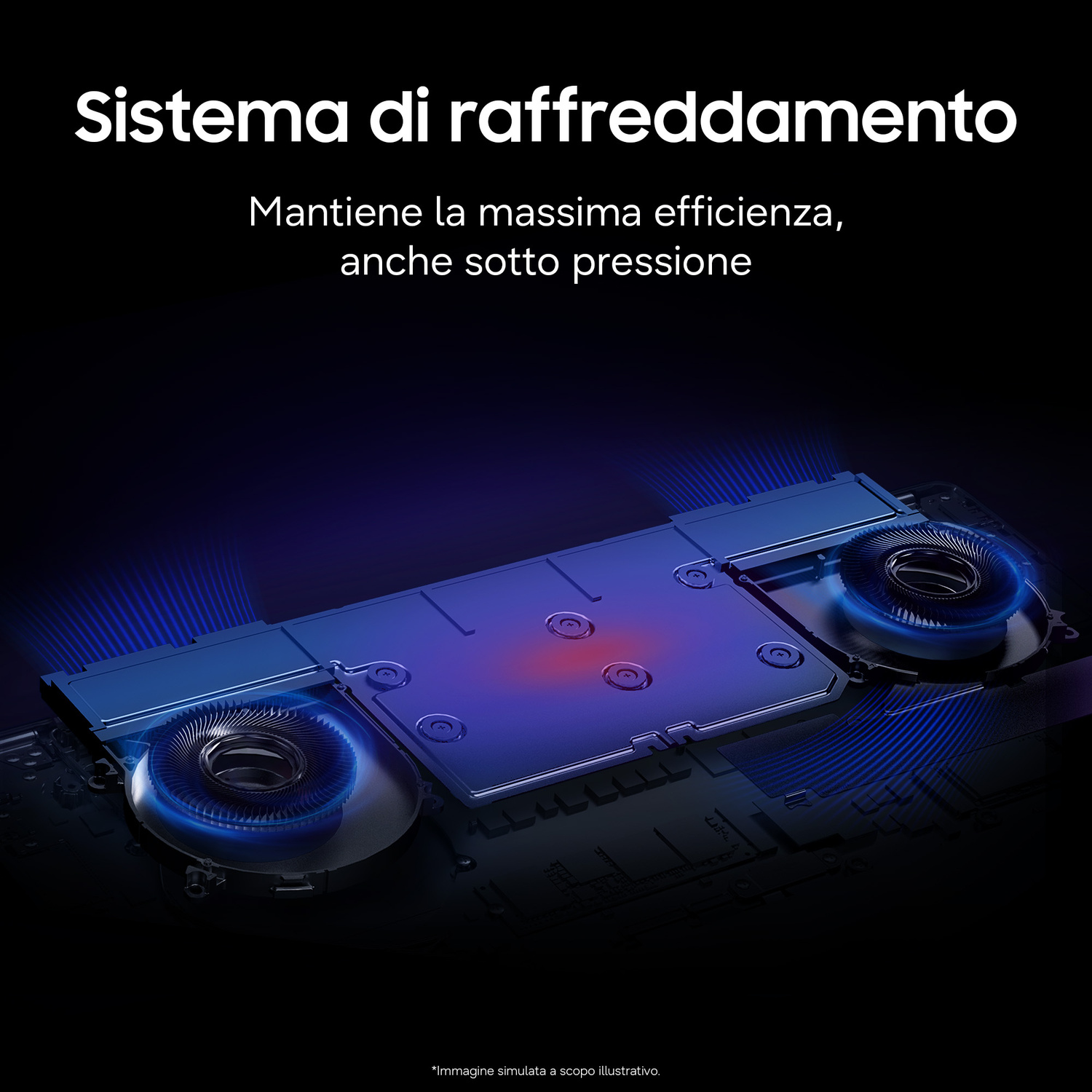 Sistema di raffreddamento con due ventole blu su sfondo nero e testo in italiano.