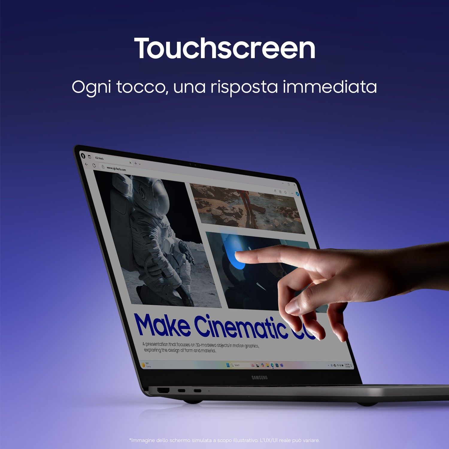 Un dito tocca lo schermo touch di un laptop che mostra una pagina web con immagini su sfondo blu.