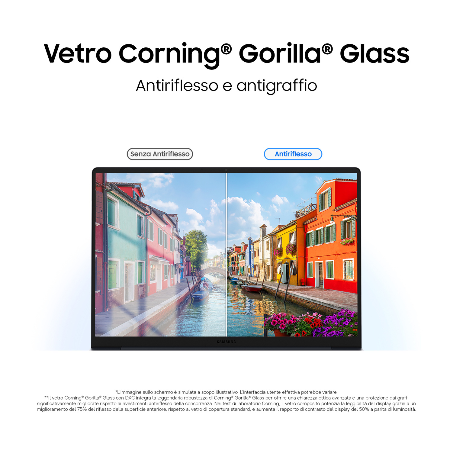 Confronto di Gorilla Glass con e senza rivestimento antiriflesso su uno schermo di laptop che mostra una città sui canali.