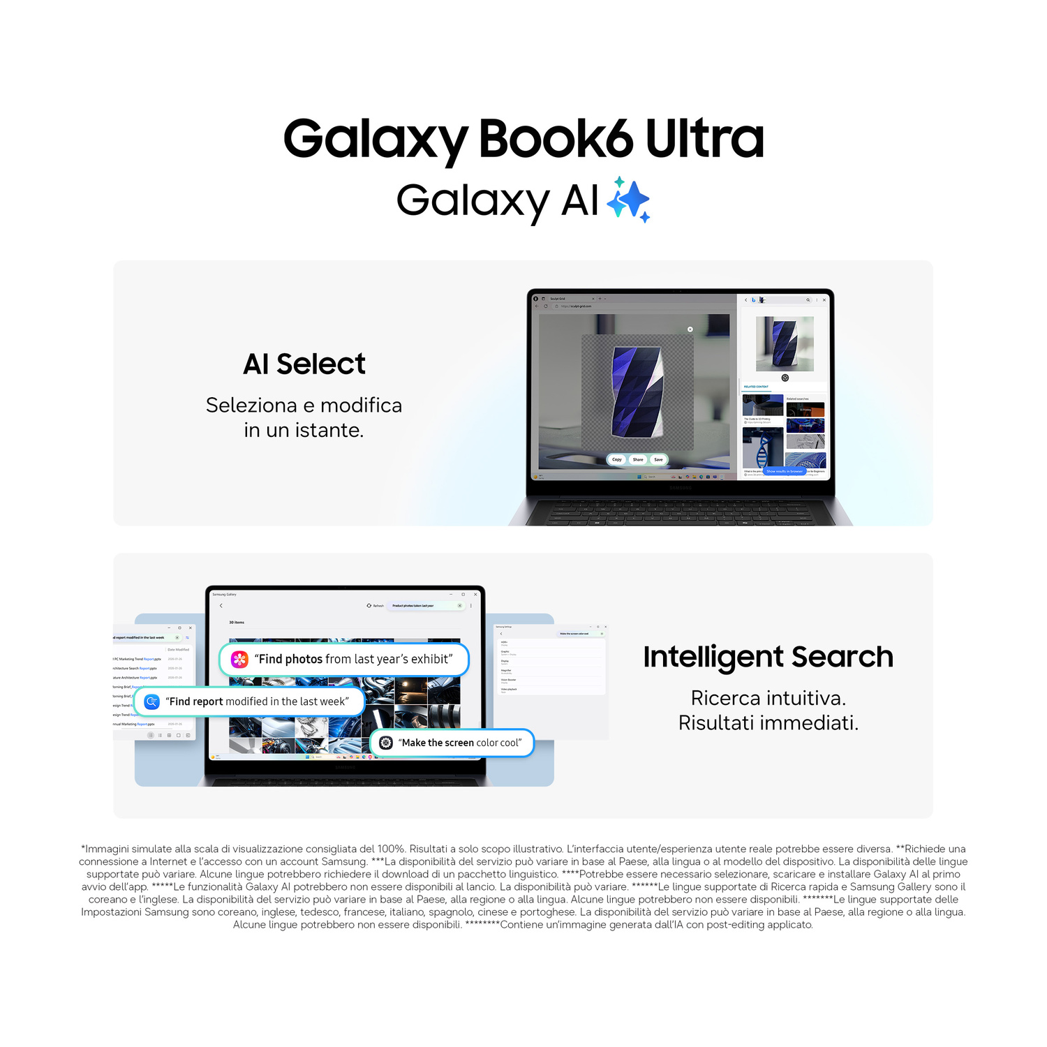 Galaxy Book6 Ultra con AI Select per la modifica e Intelligent Search per la ricerca intuitiva.
