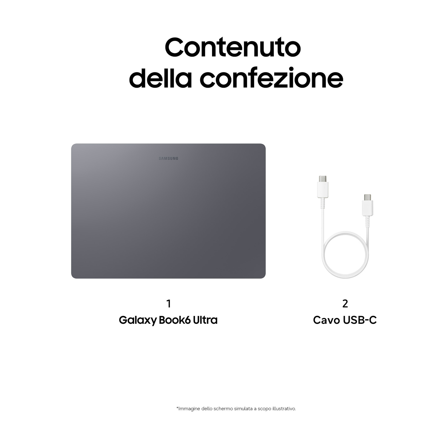 Contenuto della confezione: Un Samsung Galaxy Book6 Ultra e un cavo USB-C.