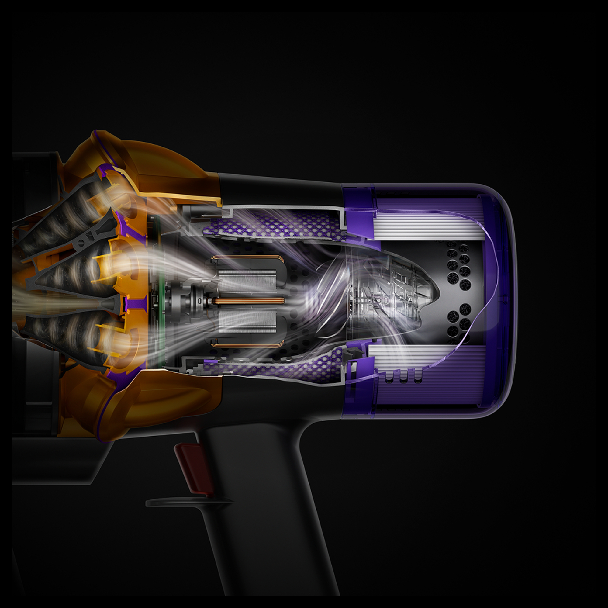 Querschnitt eines Dyson-Staubsaugers mit Zyklonen, Motor und violettem Filter mit Luftstrom auf Schwarz.