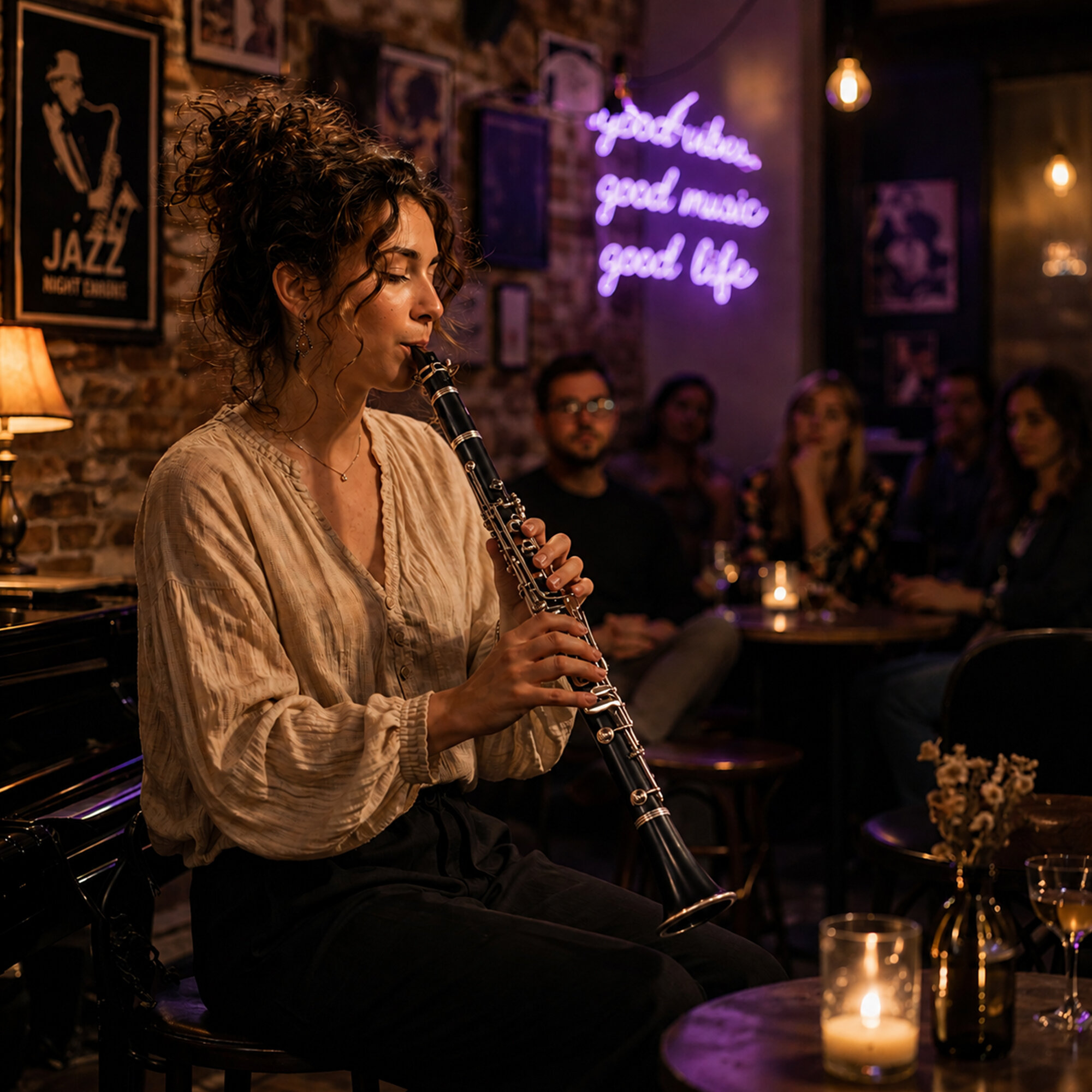 Kobieta gra na klarnecie w klimatycznym barze jazzowym, a w tle słuchają jej zgromadzeni goście.