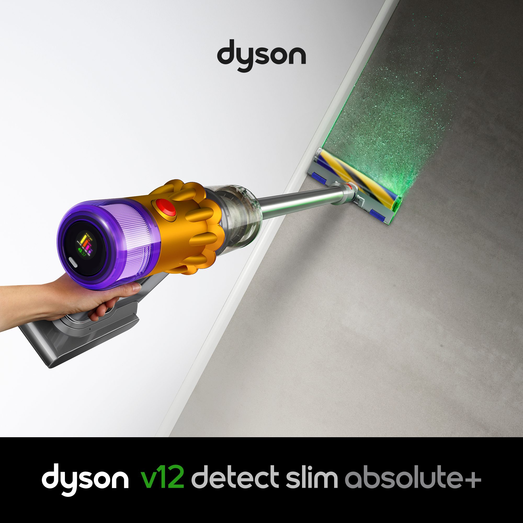Ein Dyson V12 Staubsauger reinigt den Boden und zeigt mit grünem Licht Staub auf.