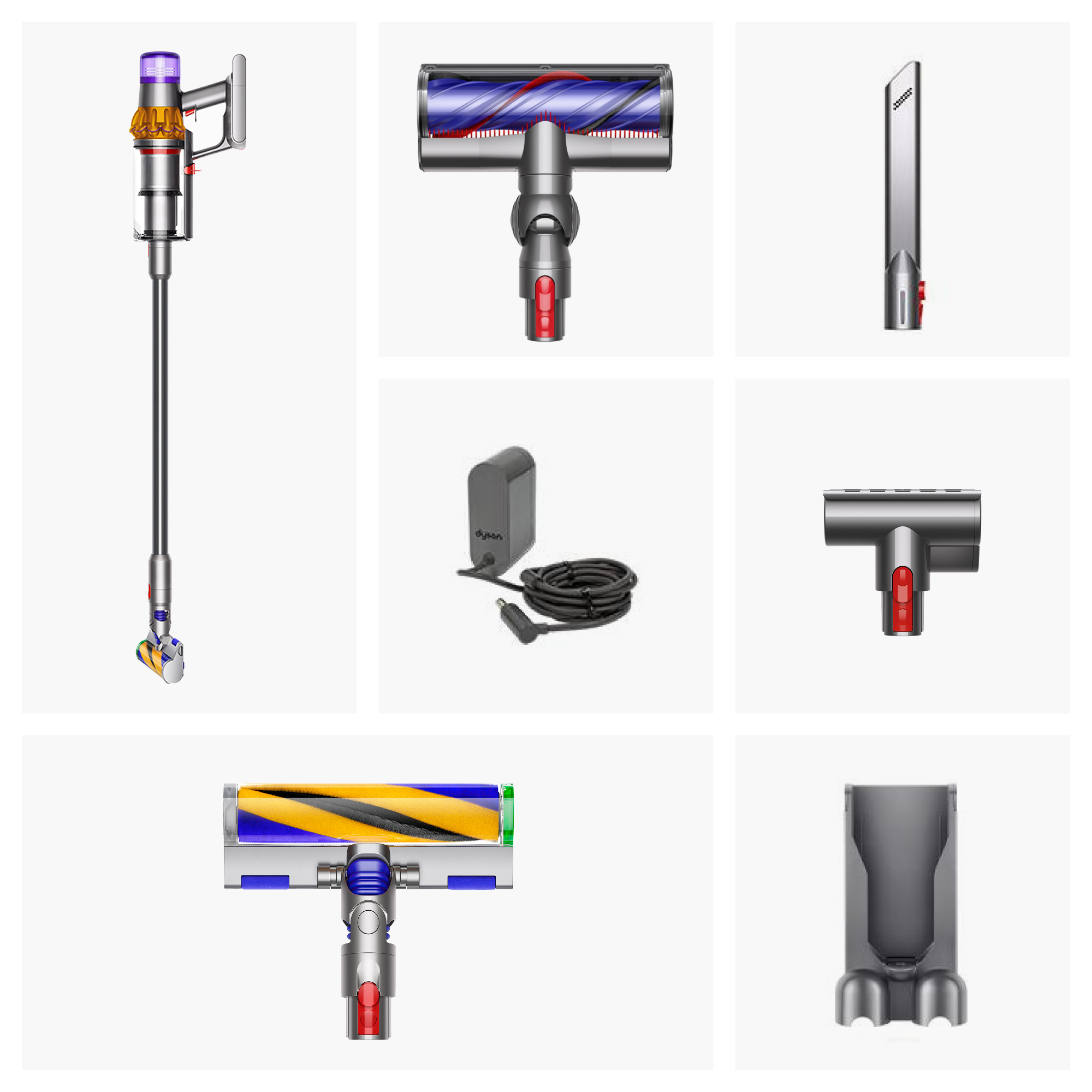 Dyson Staubsauger mit verschiedenen Aufsätzen, Ladegerät und Wandhalterung auf weißem Hintergrund.