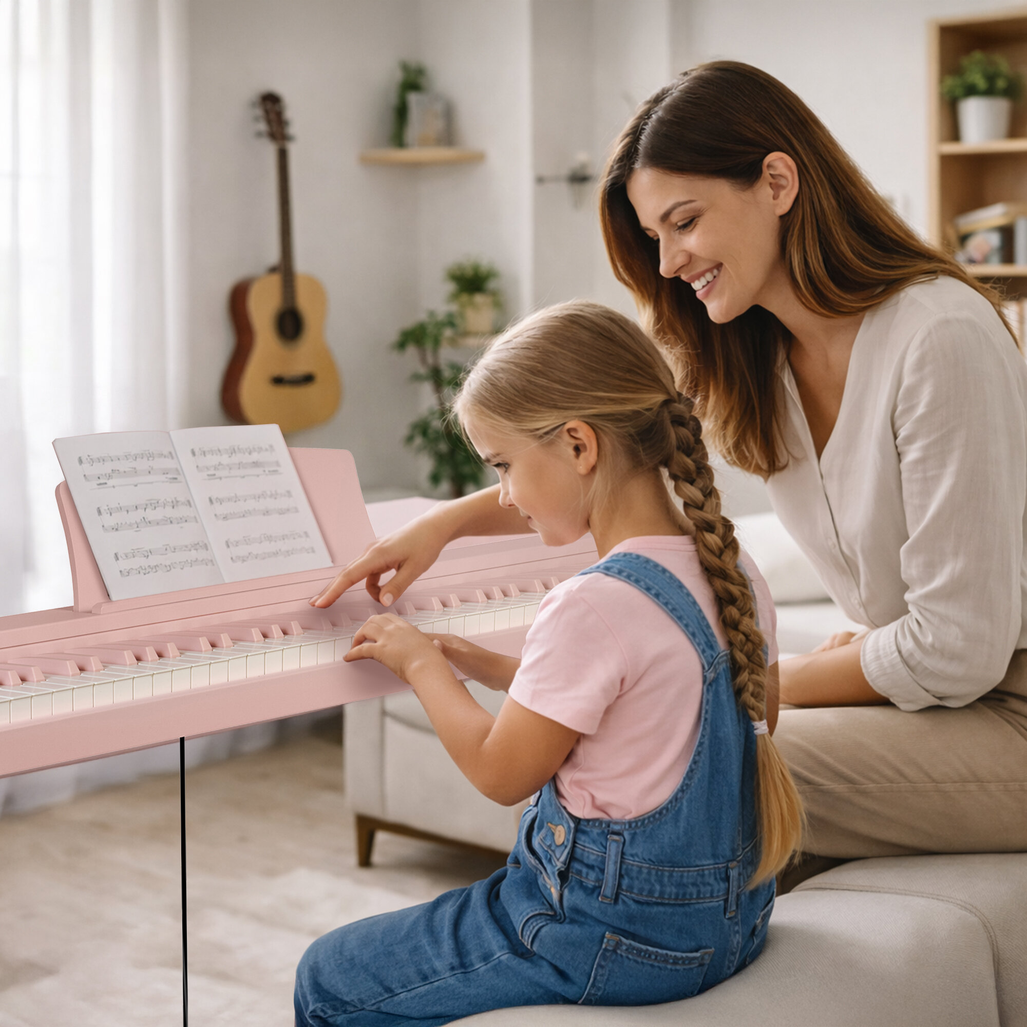 Uśmiechnięta mama patrzy, jak córka gra na różowym pianinie cyfrowym, z nutami i gitarą na ścianie.
