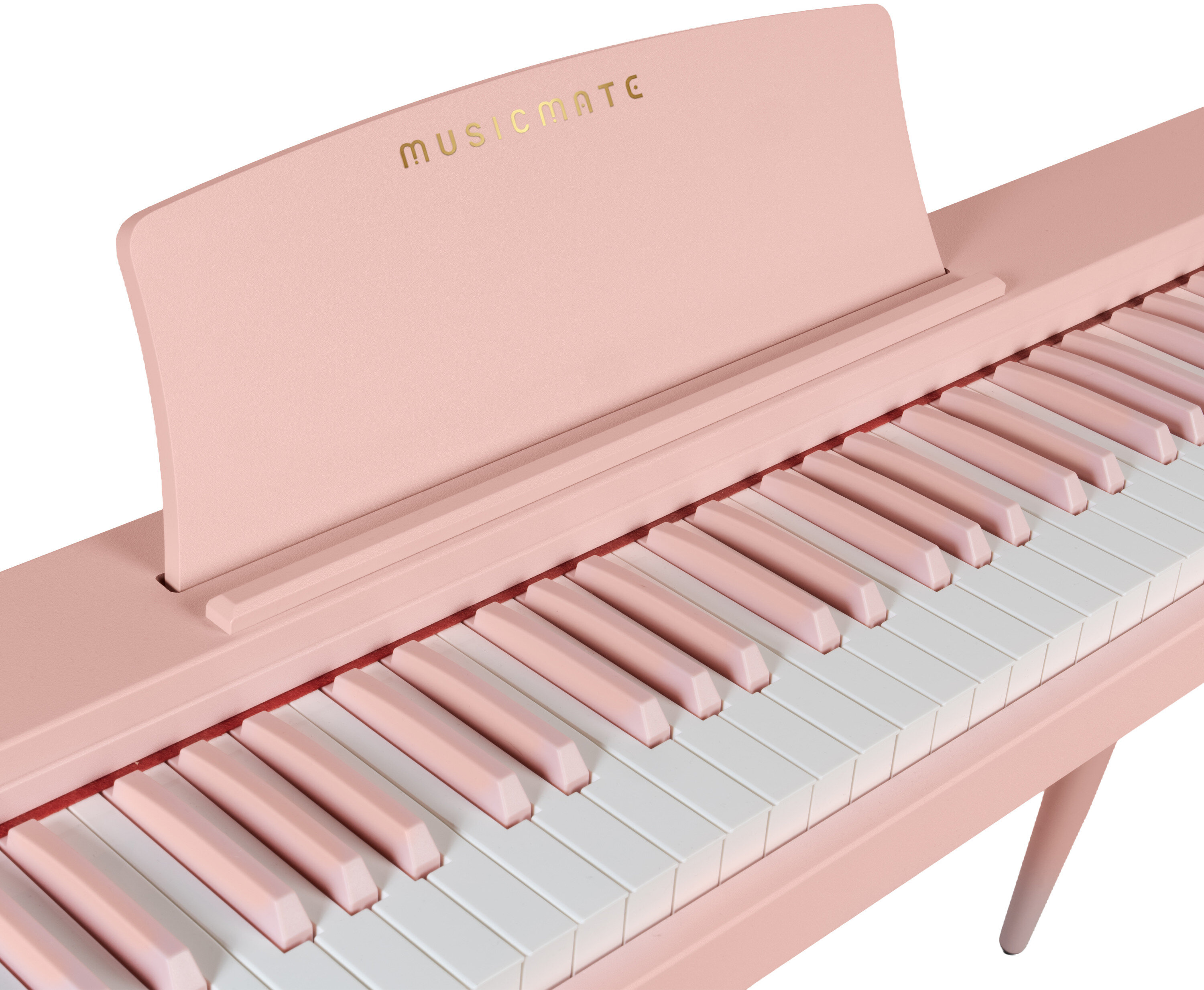 Różowe pianino cyfrowe z logo Musicmate na pulpicie i naprzemiennie różowymi oraz białymi klawiszami.