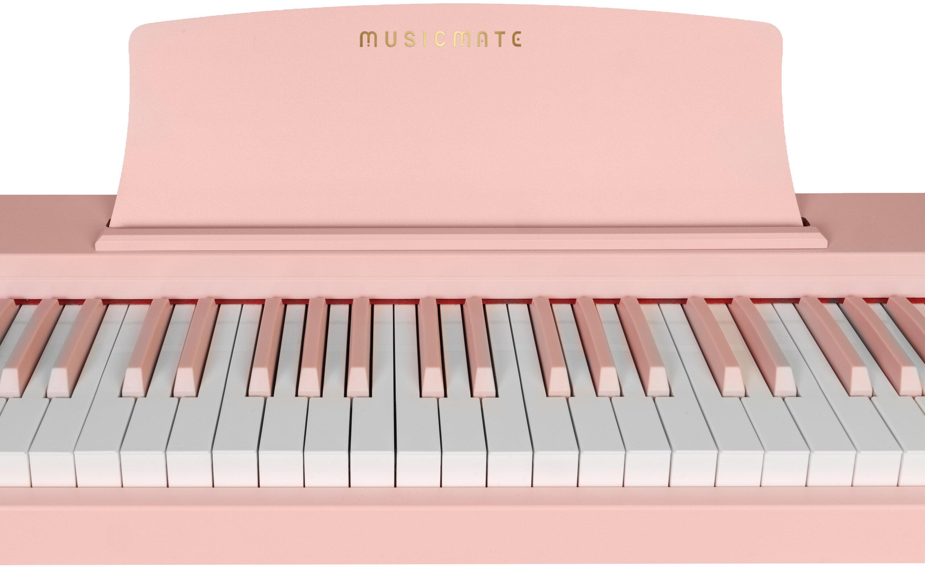 Różowe pianino cyfrowe z napisem MUSICMATE oraz naprzemiennymi białymi i różowymi klawiszami.