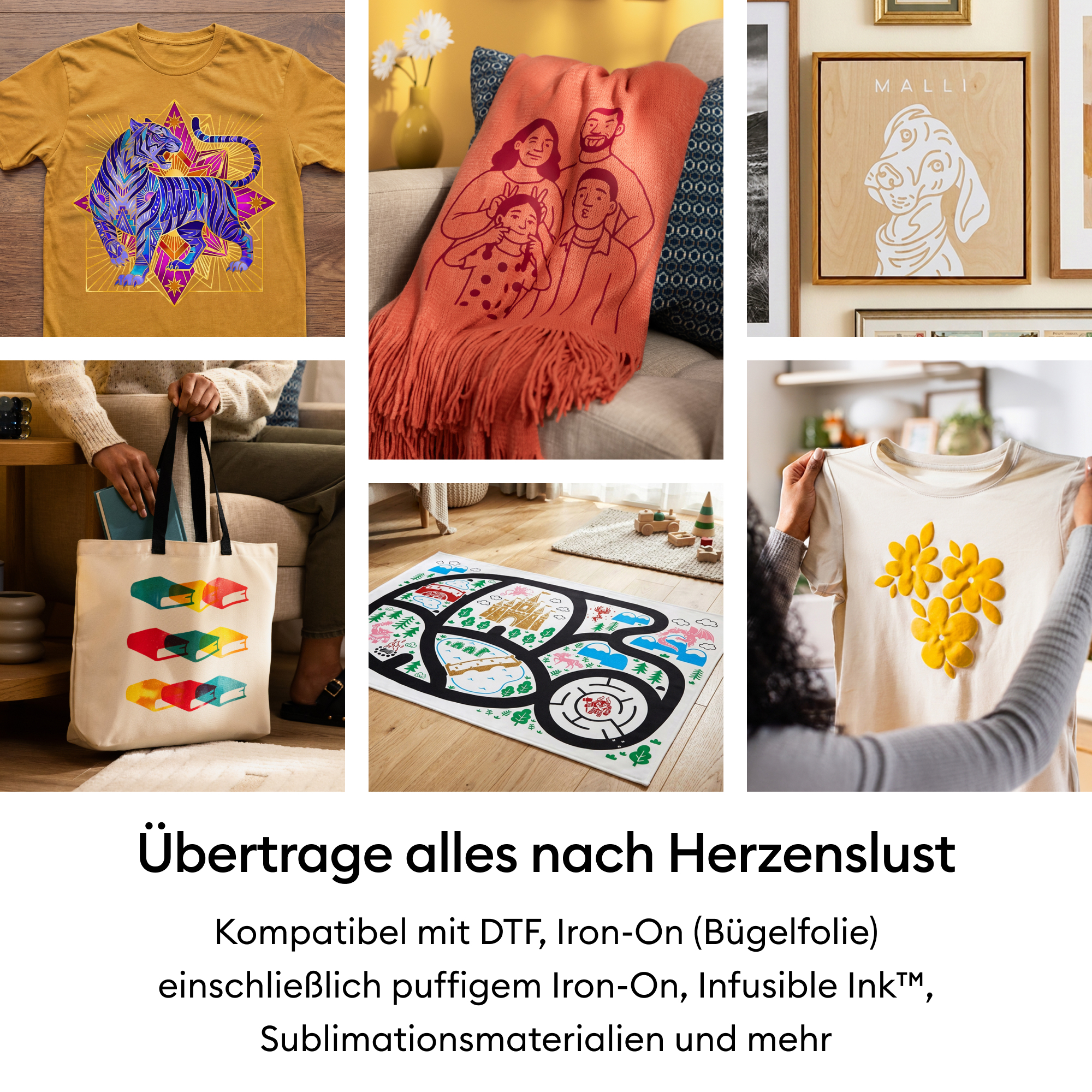Verschiedene personalisierte Produkte wie T-Shirts, Decken, Taschen und Kunstdrucke mit kreativen Mustern.