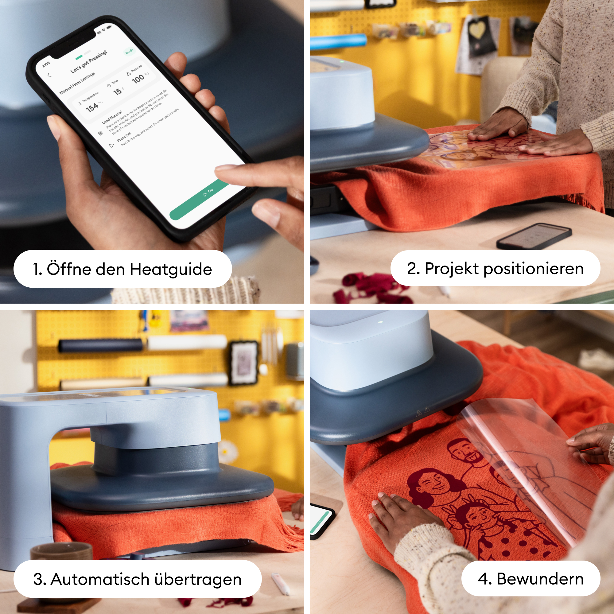 Vierteilige Anleitung zeigt Schritte von App-Nutzung über Materialpositionierung und Pressen bis hin zum Ergebnis.