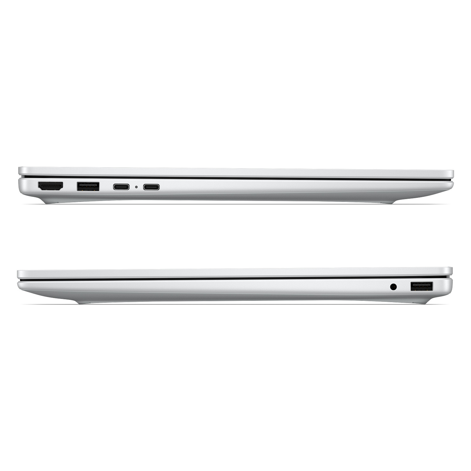 Vistas laterales de un portátil plateado con varios puertos, incluidos HDMI, USB-C y USB.