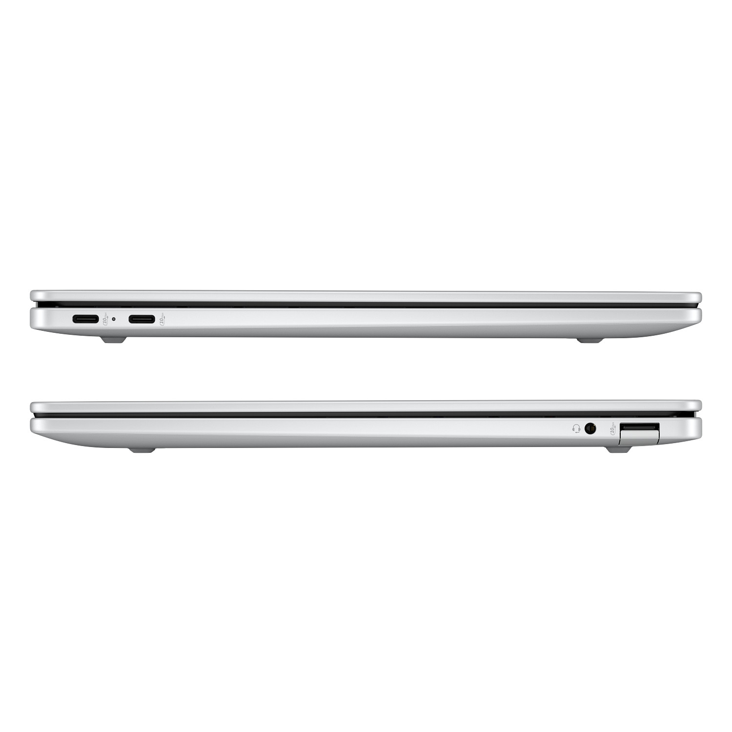 Vistas laterales de un portátil plateado cerrado con puertos USB-C, de audio y USB.