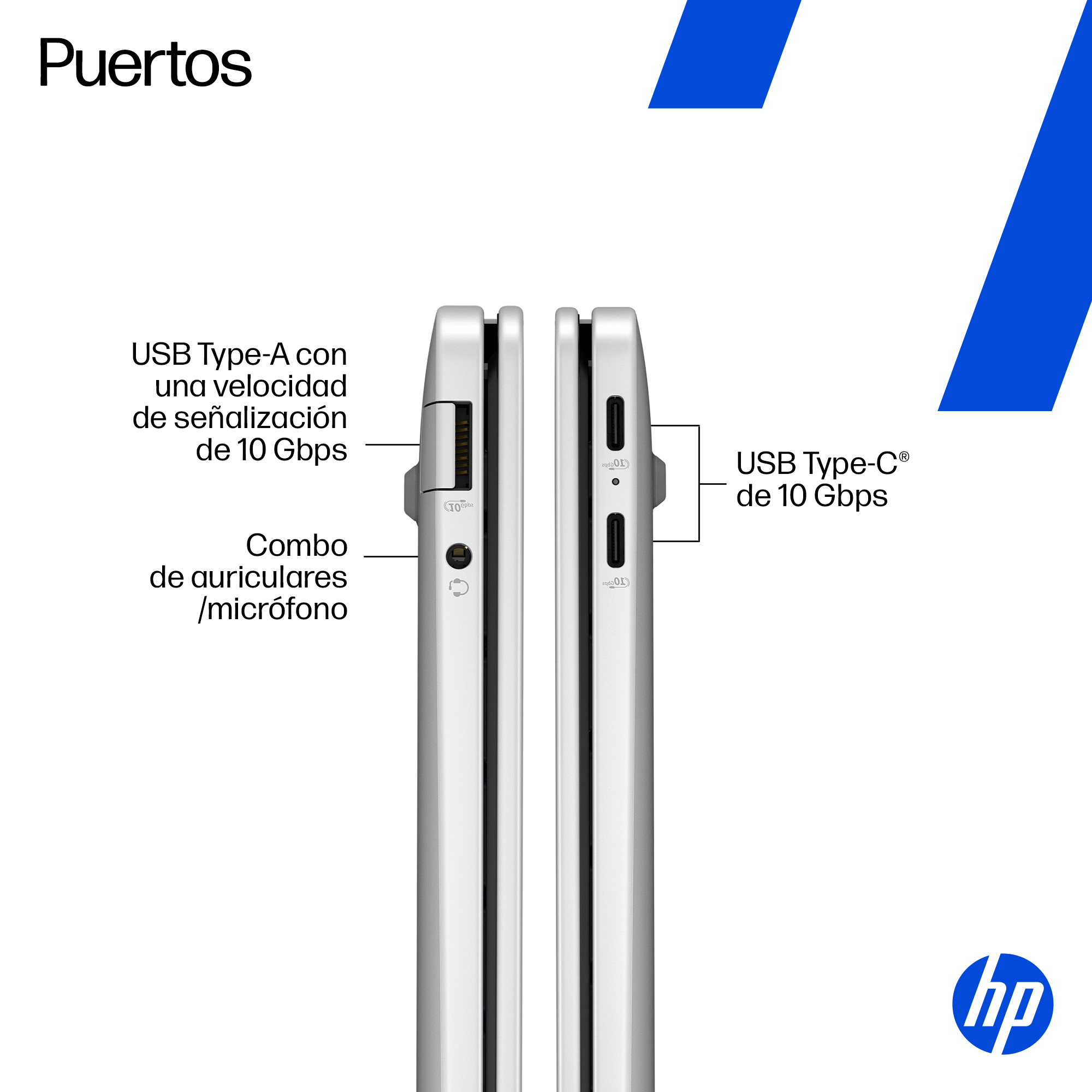 Vista lateral de un portátil que muestra puertos USB Type-A y Type-C, y conector para auriculares.