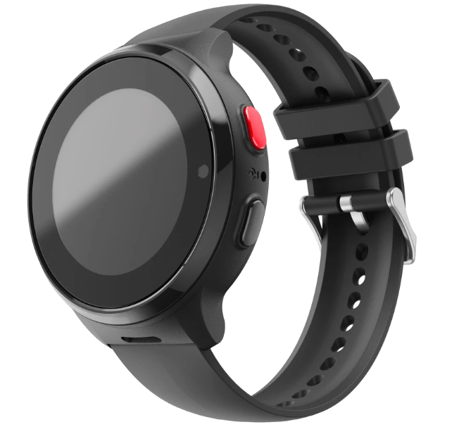 Czarny smartwatch z okrągłym ekranem i perforowanym gumowym paskiem na ciemnym tle.
