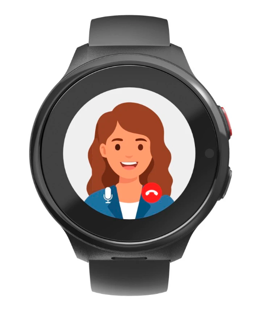 Czarny smartwatch wyświetla na okrągłym ekranie grafikę przedstawiającą kobietę podczas wideorozmowy.