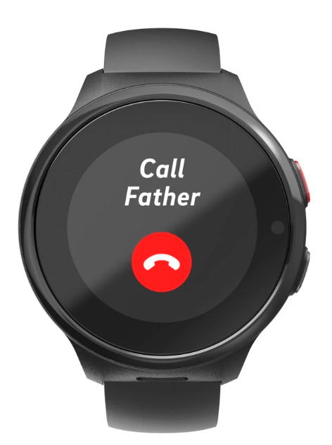 Czarny smartwatch wyświetla tekst Call Father oraz czerwoną ikonę połączenia.