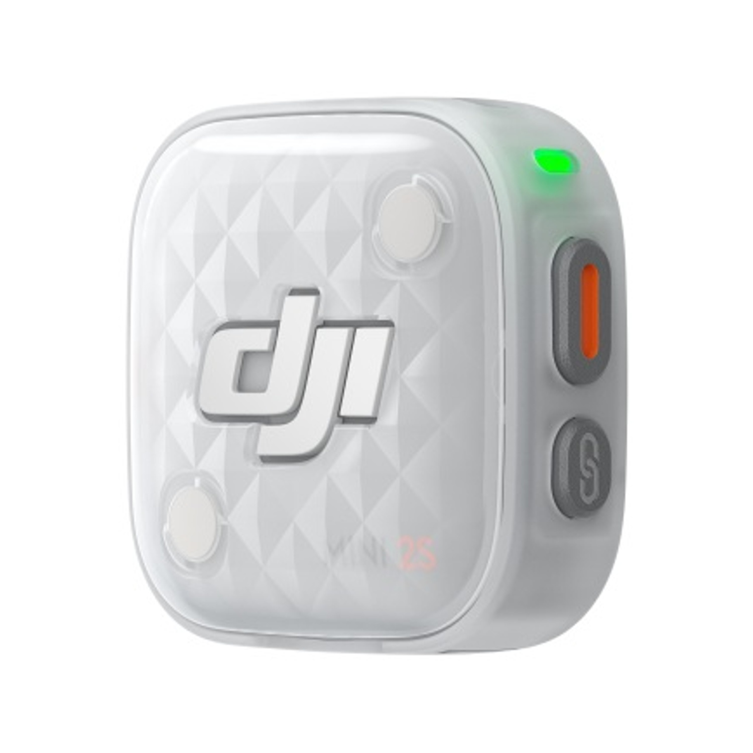 Trasmettitore DJI Mic 2 bianco di forma quadrata, logo DJI sul davanti e due pulsanti sul lato.