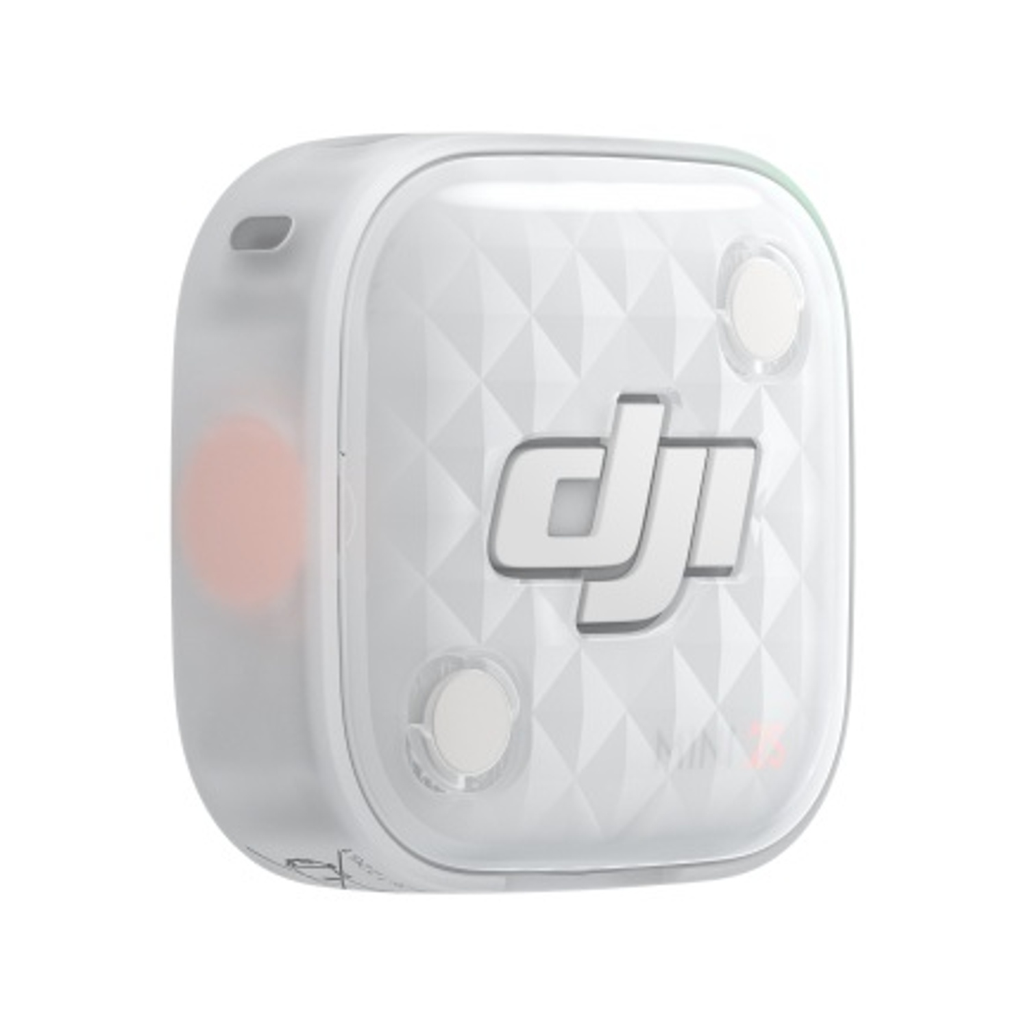 Un dispositivo DJI quadrato bianco con angoli arrotondati, motivo testurizzato e due piccoli pulsanti.