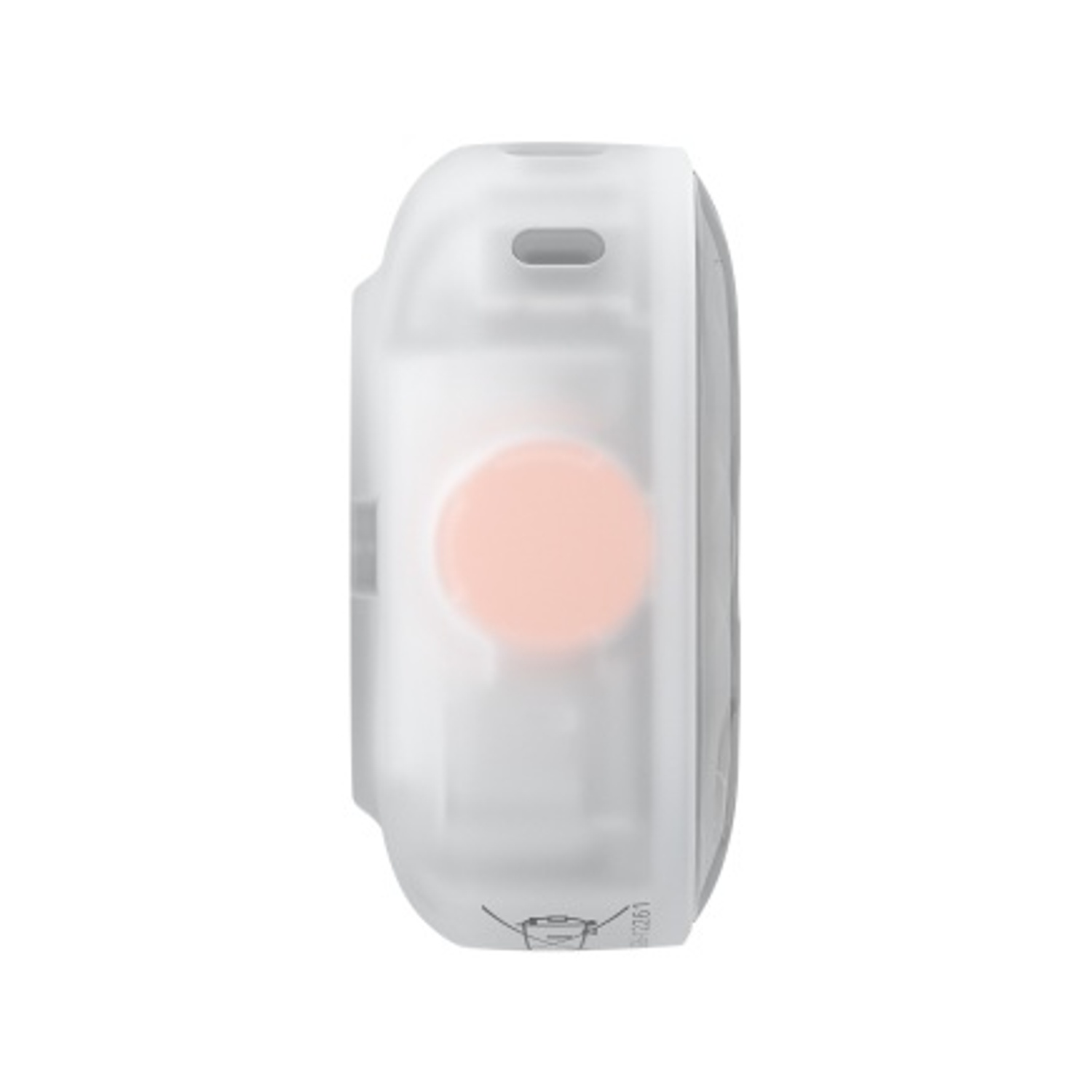 Vista laterale di un dispositivo elettronico bianco e traslucido con un pulsante rotondo arancione su sfondo bianco.