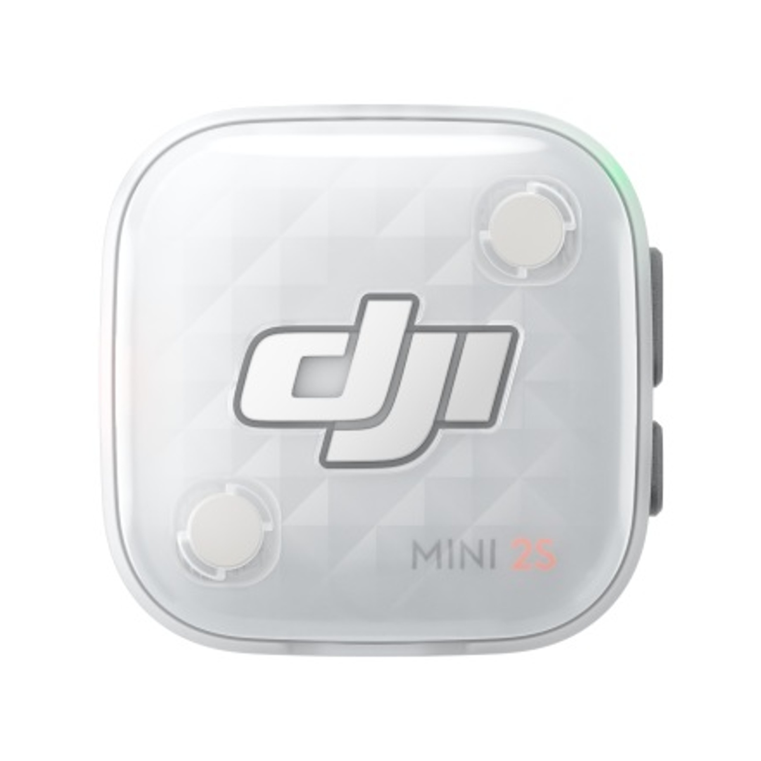 Un dispositivo DJI Mini 2SE quadrato bianco con logo su sfondo bianco.