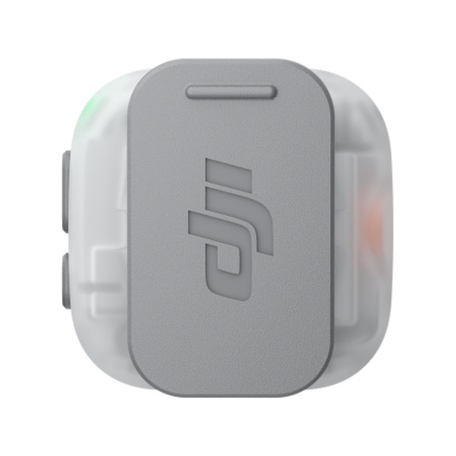 Logo DJI grigio su un dispositivo elettronico chiaro e squadrato con pulsanti laterali e angoli arrotondati.