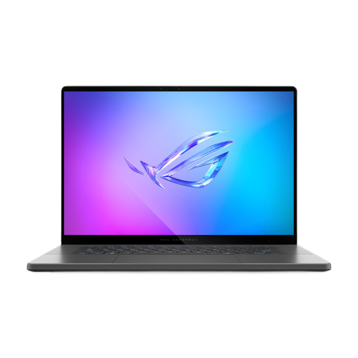 Un laptop ROG Zephyrus scuro con uno sfondo astratto e colorato sullo schermo su sfondo bianco.