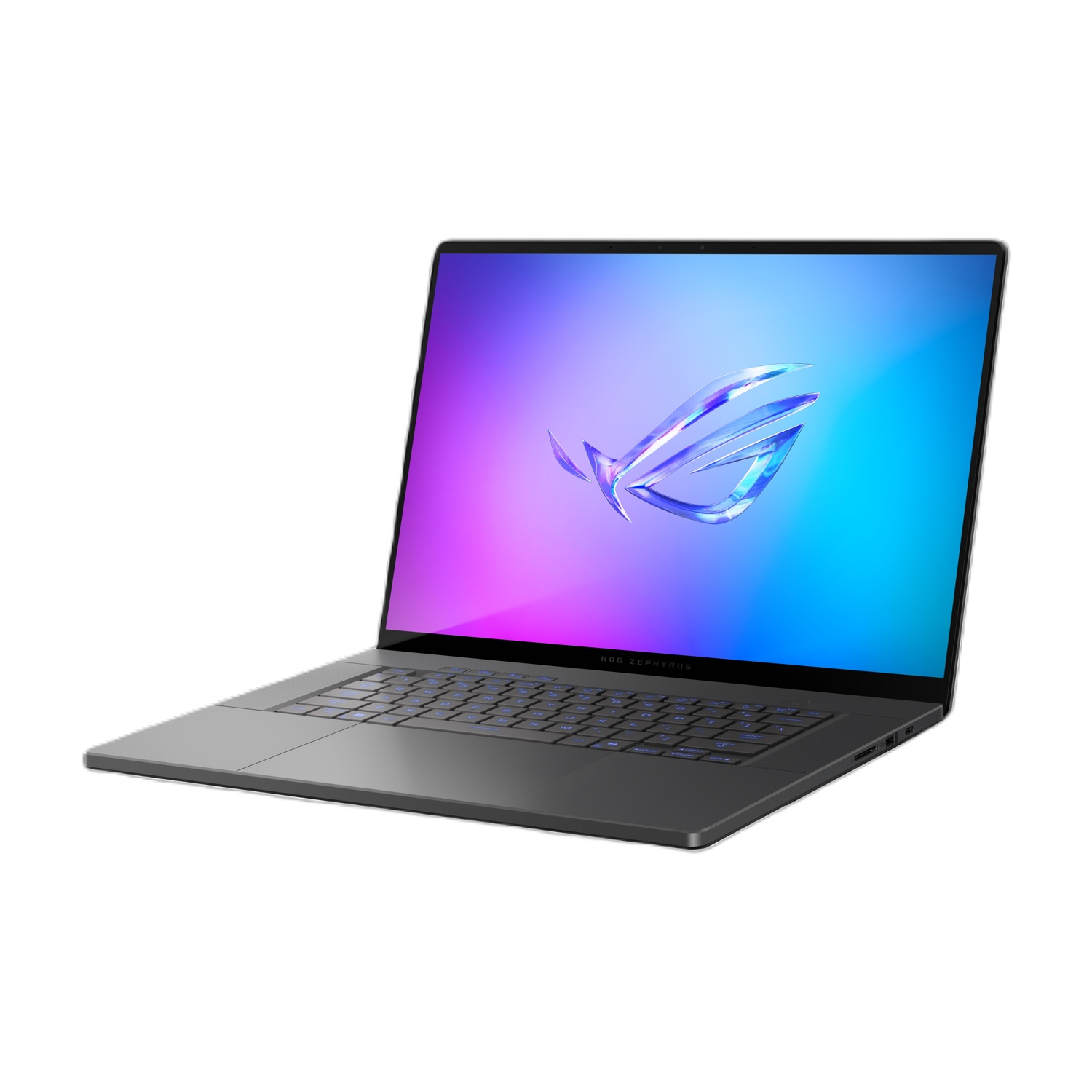 Un laptop scuro mostra uno schermo con sfumatura blu e viola e il logo ROG su sfondo bianco.