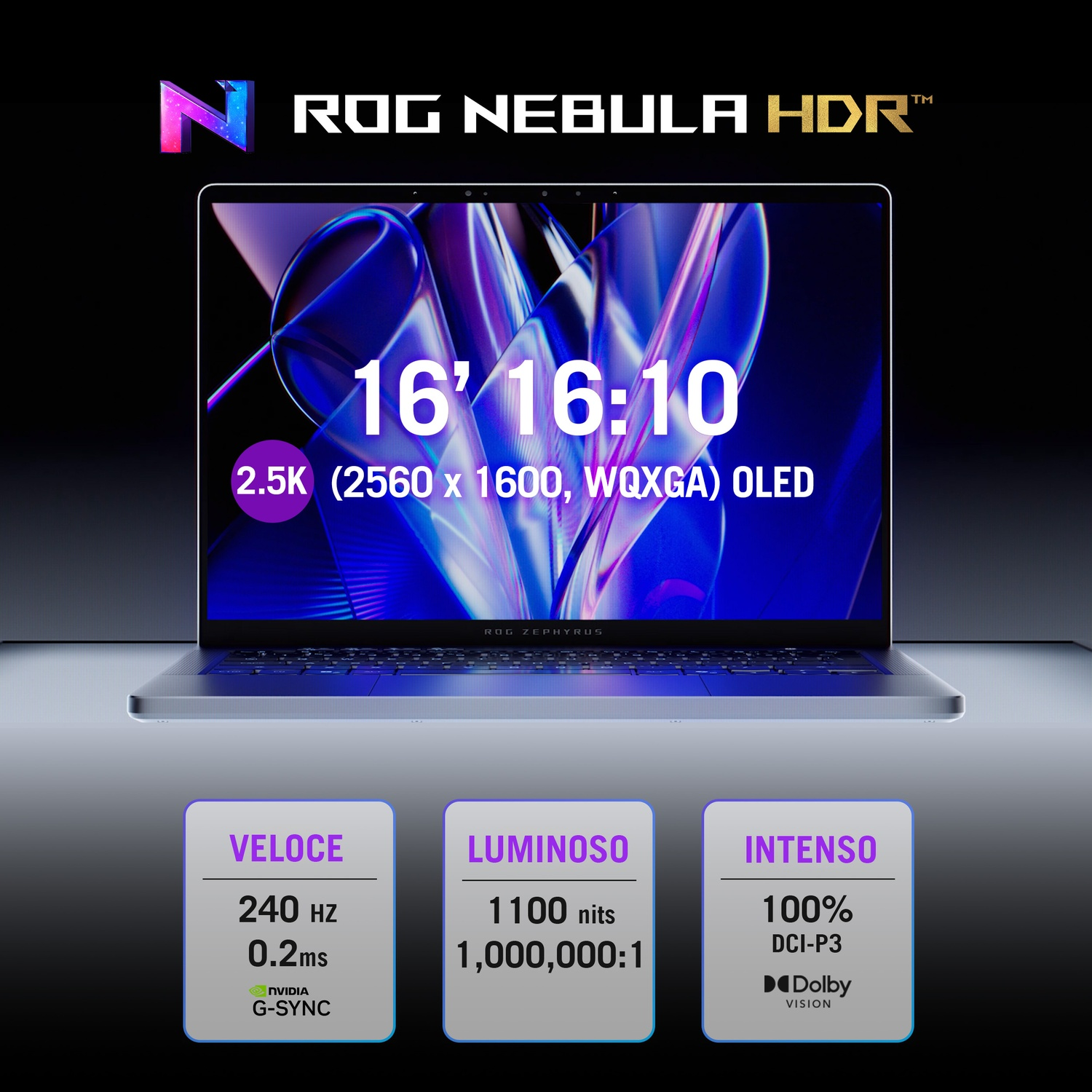 Laptop Rog Nebula HDR con schermo OLED e specifiche in basso.