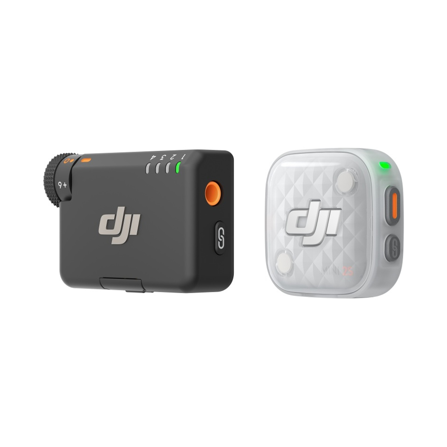Due unità microfoniche DJI in bianco e nero con pulsanti e icone su sfondo bianco.