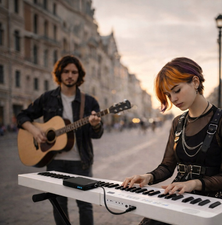 Muzycy grają na zatłoczonej ulicy; kobieta gra na keyboardzie, mężczyzna na gitarze.