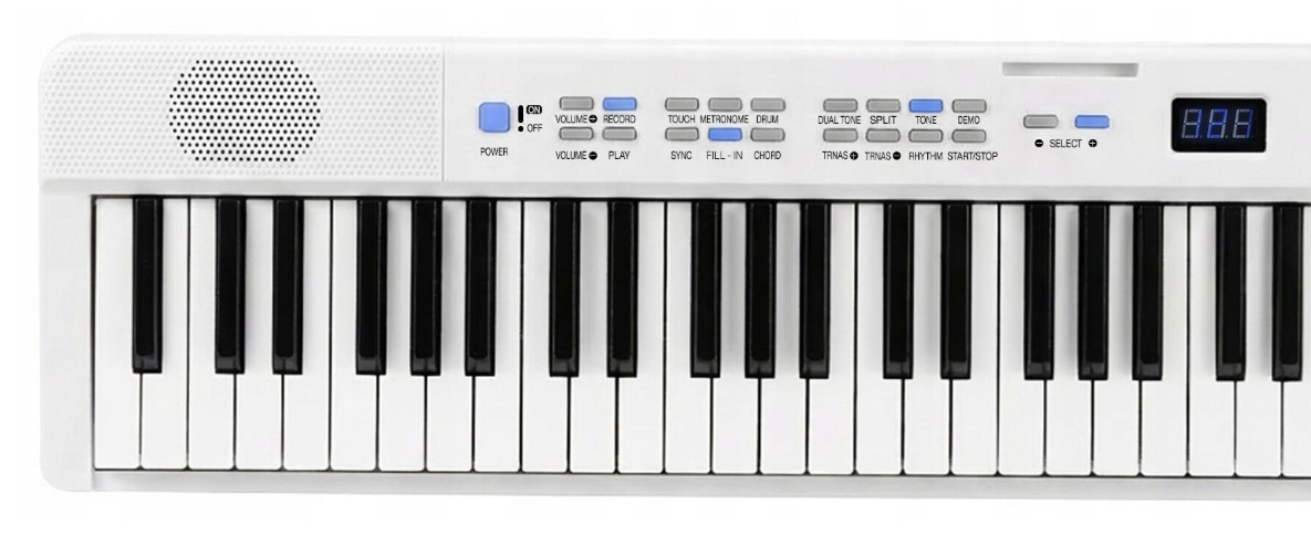 Biały keyboard ma czarno-białe klawisze, niebiesko-szare przyciski sterujące i cyfrowy wyświetlacz.