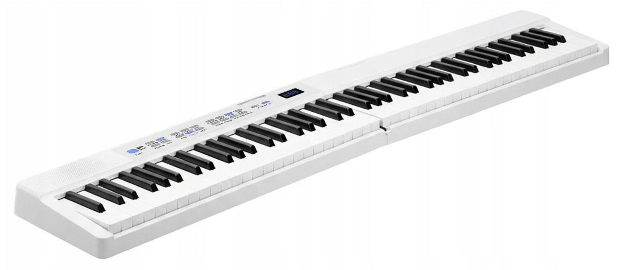 Biały keyboard elektroniczny z czarnymi klawiszami na białym tle.