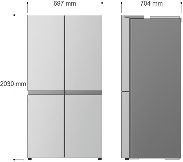 Technische Zeichnung eines viertürigen Kühlschranks mit den Maßen 2030x697x704 mm.