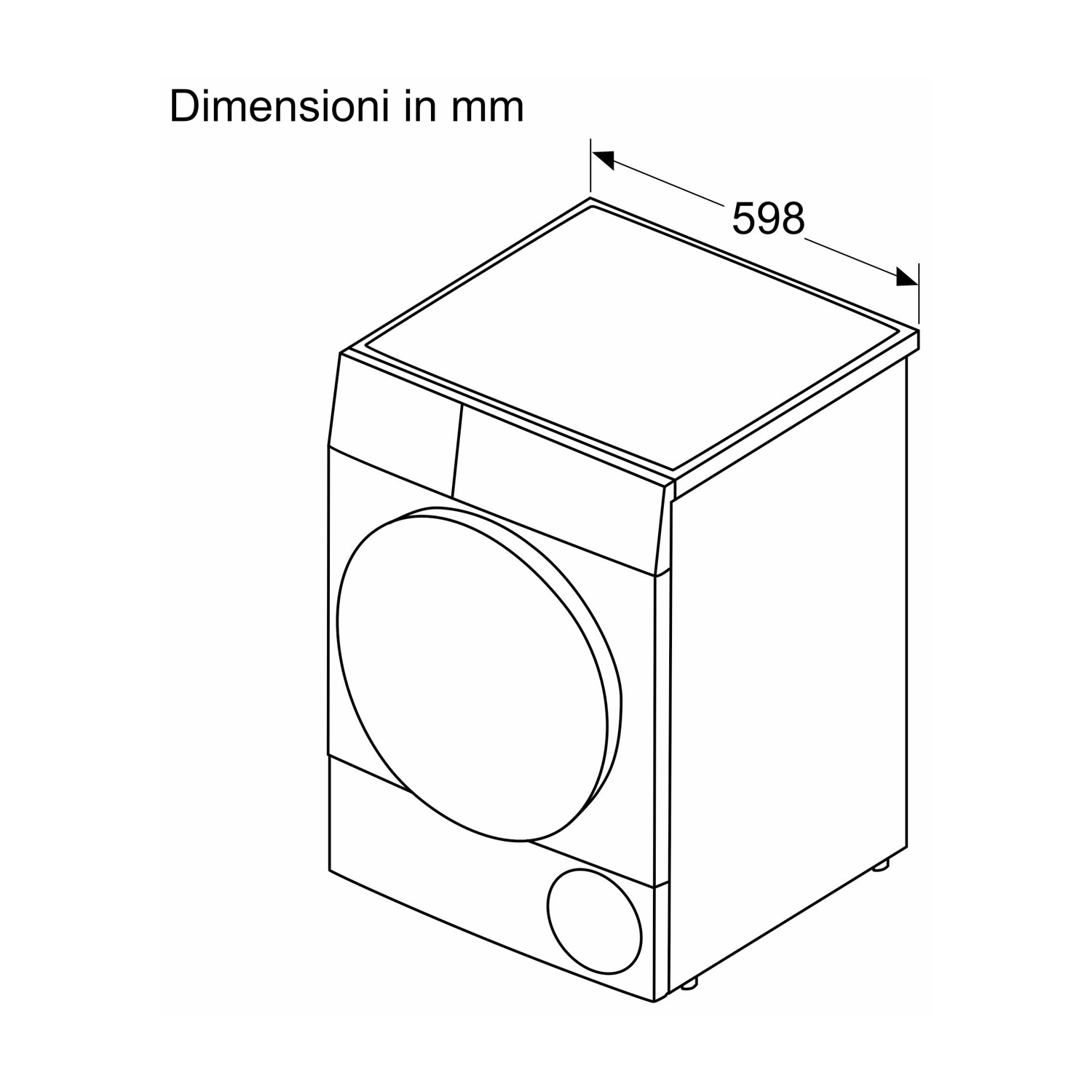 Disegno al tratto di una lavatrice con una larghezza di 598 mm.