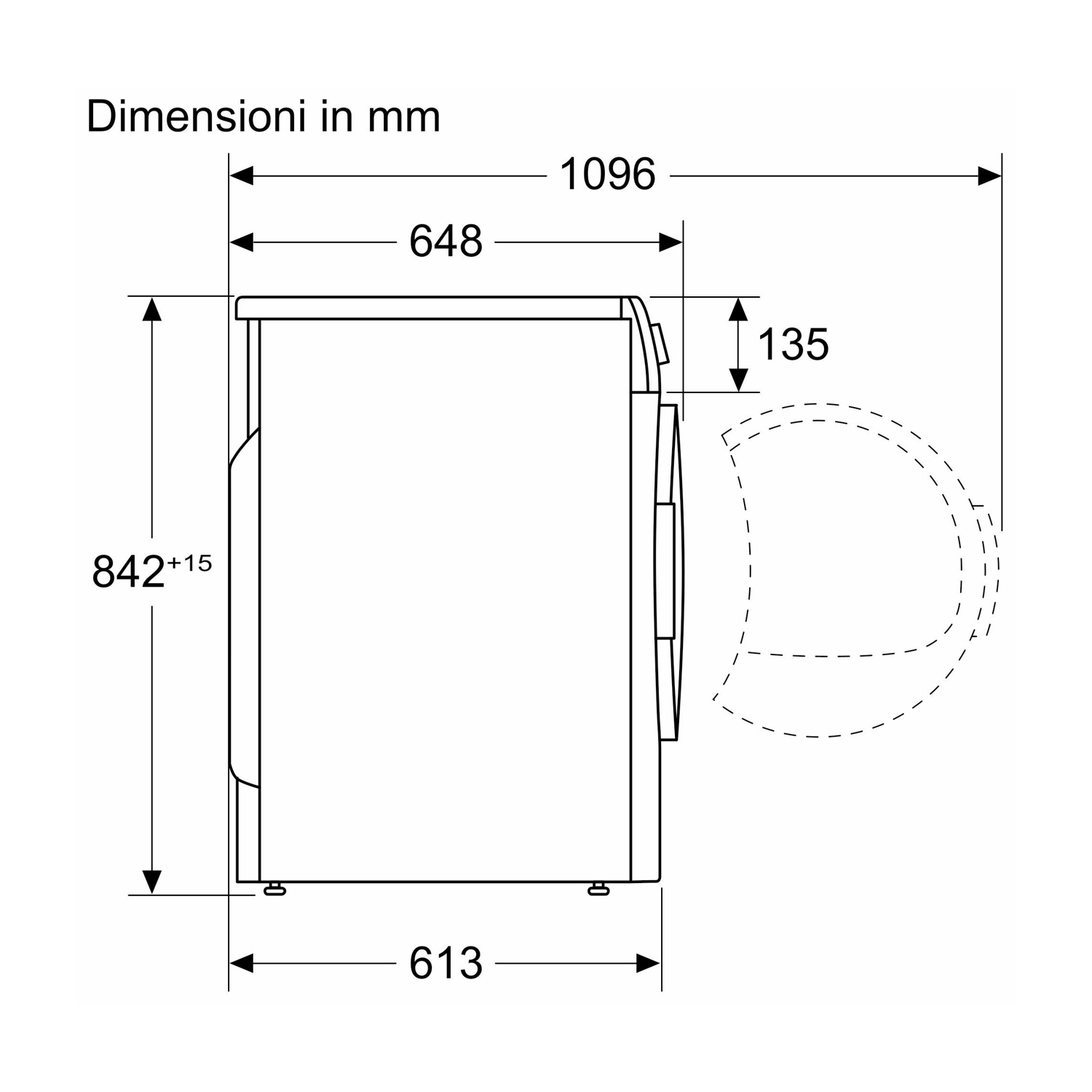 Disegno tecnico di una lavatrice che mostra la vista laterale e le dimensioni in millimetri.