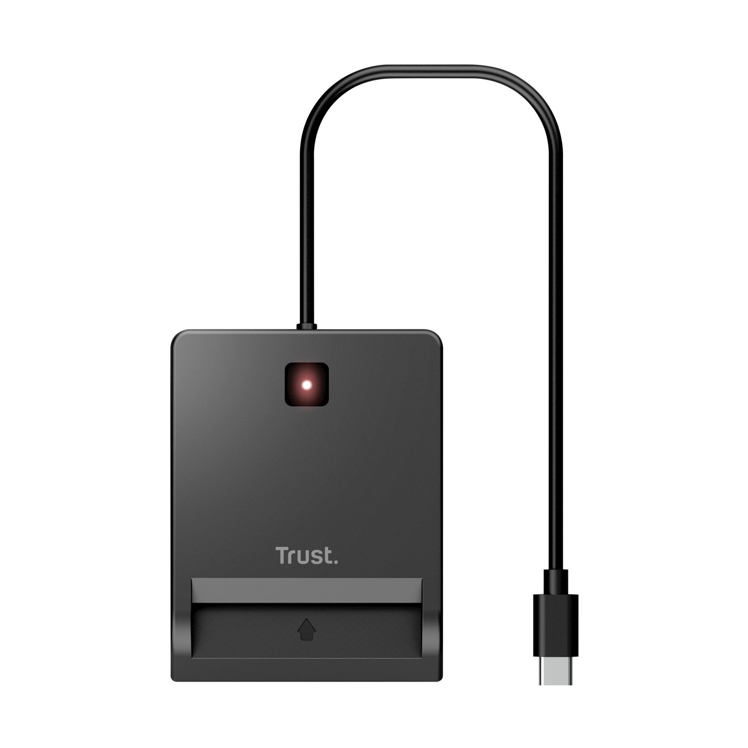 Dispositivo Trust nero con LED rosso luminoso e cavo USB-C collegato su sfondo bianco.