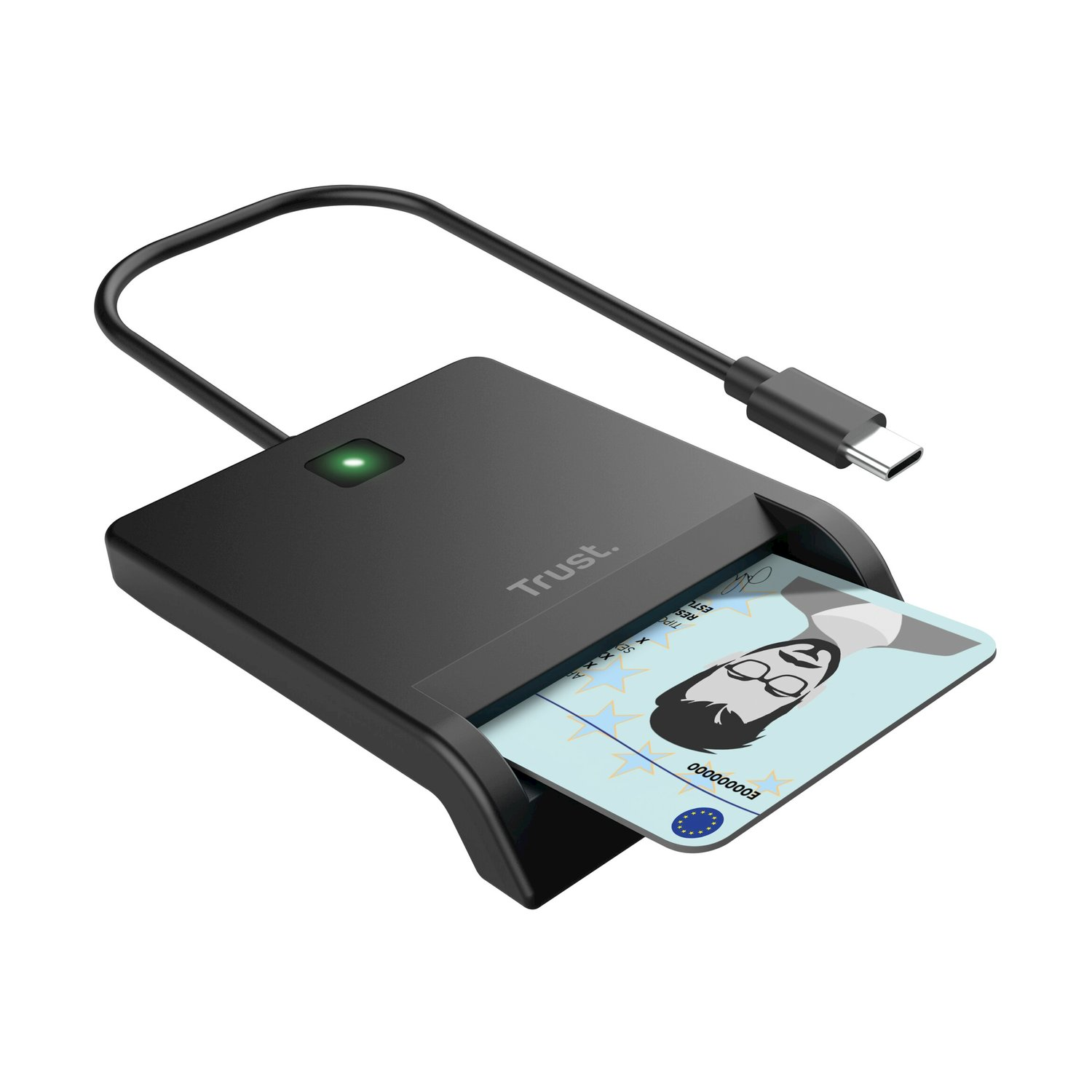 Lettore di carte Trust nero con cavo USB-C e carta d'identità inserita.
