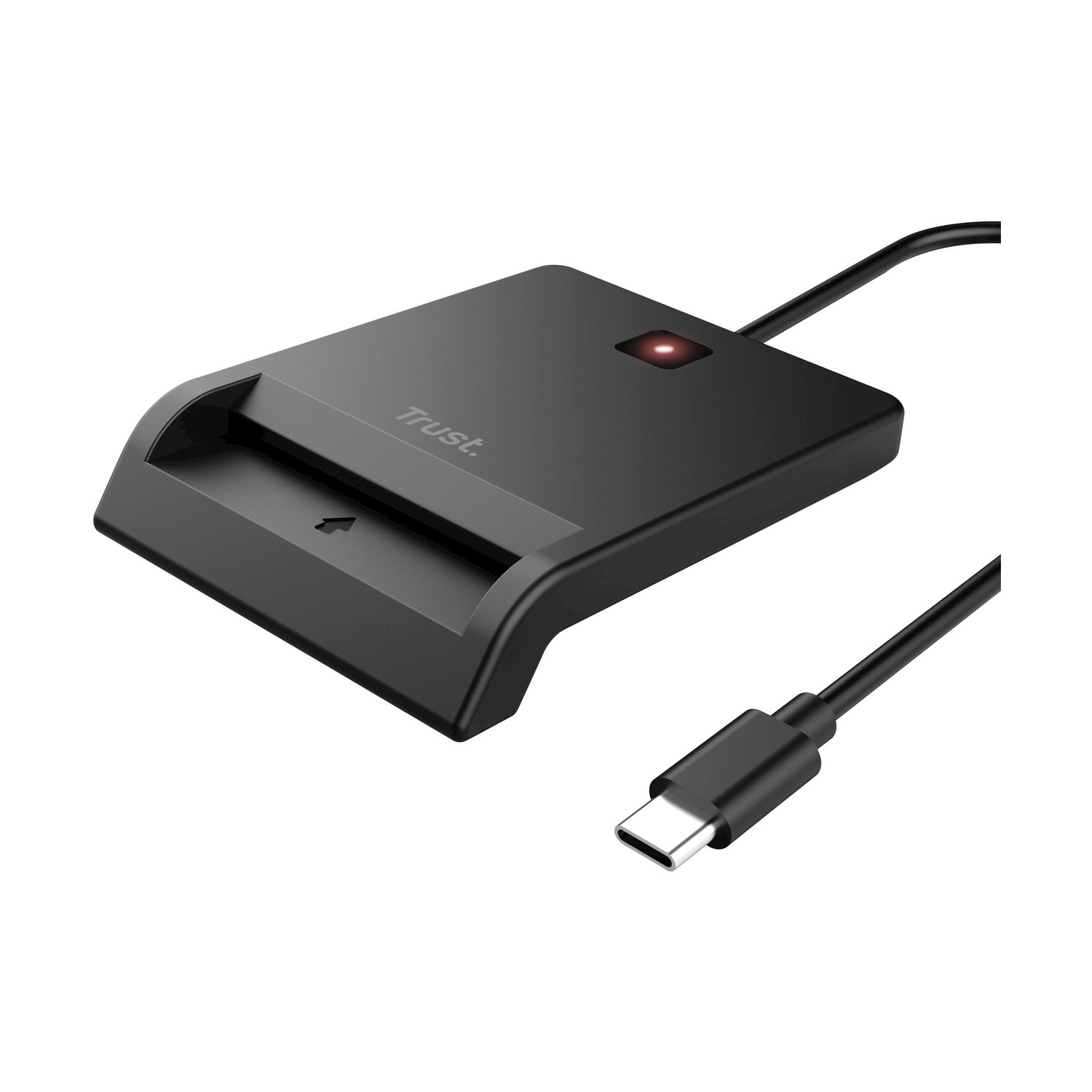 Lettore di carte Trust nero con cavo USB-C e indicatore LED rosso su sfondo bianco.