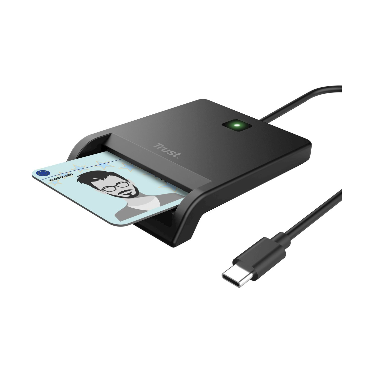 Un lettore di schede nero con cavo USB-C e una carta d'identità inserita su sfondo bianco.