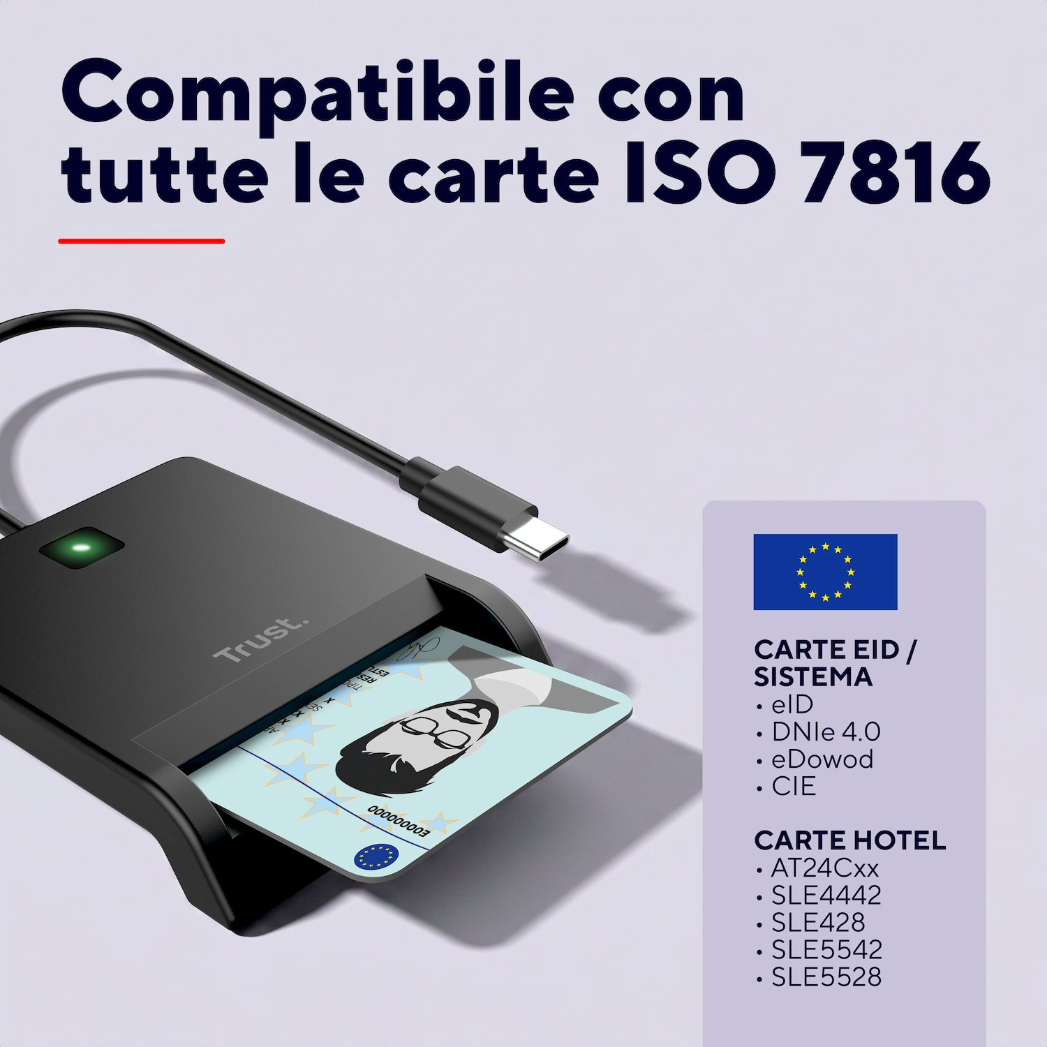 Lettore di carte Trust nero con carta d'identità inserita e cavo USB su sfondo grigio chiaro.