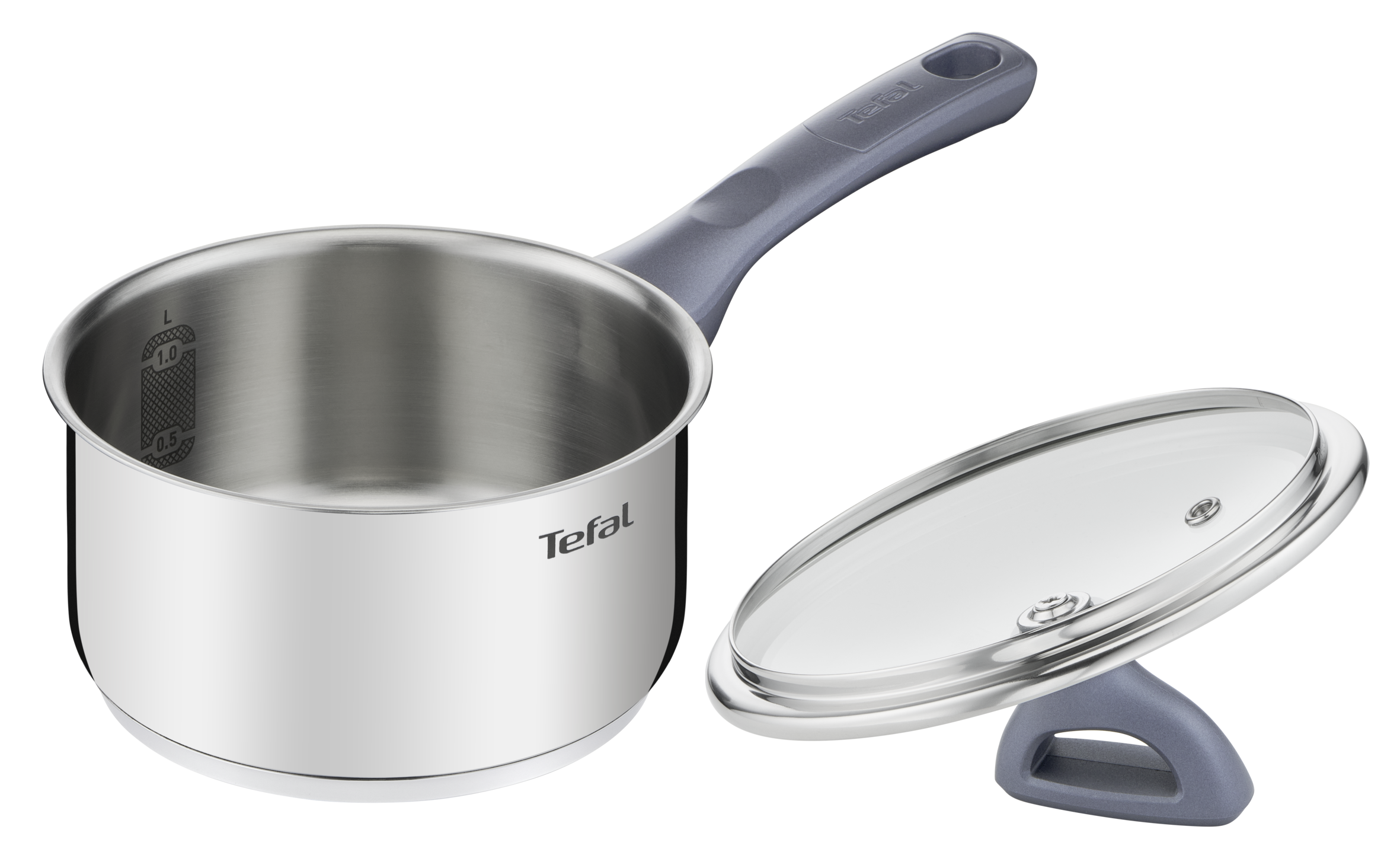 Cazo de acero inoxidable Tefal con mango gris y tapa de cristal a juego sobre fondo negro.