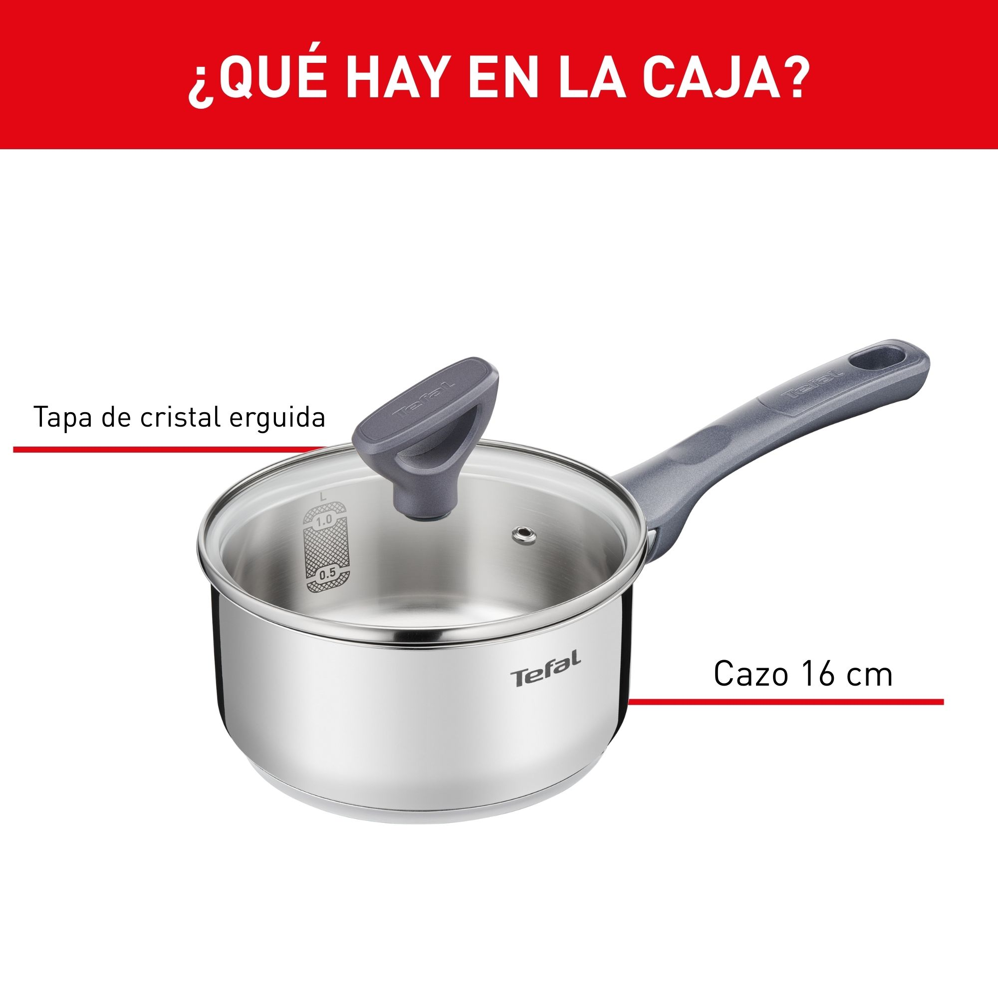 Un cazo de acero inoxidable de 16 cm de Tefal con tapa de cristal y asas grises sobre fondo blanco.