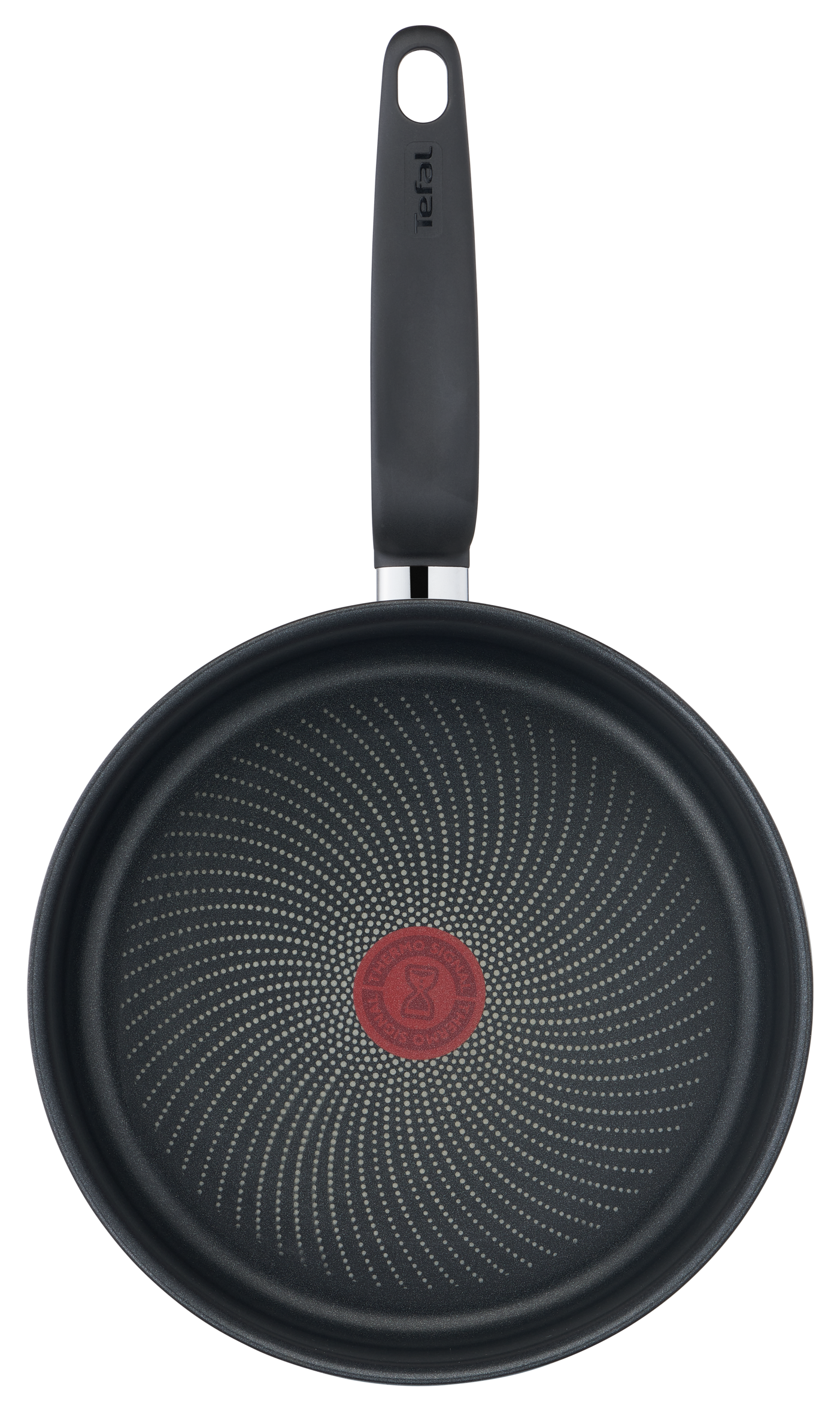 Vista superior de una sartén negra Tefal con un punto térmico rojo en el centro y mango largo.