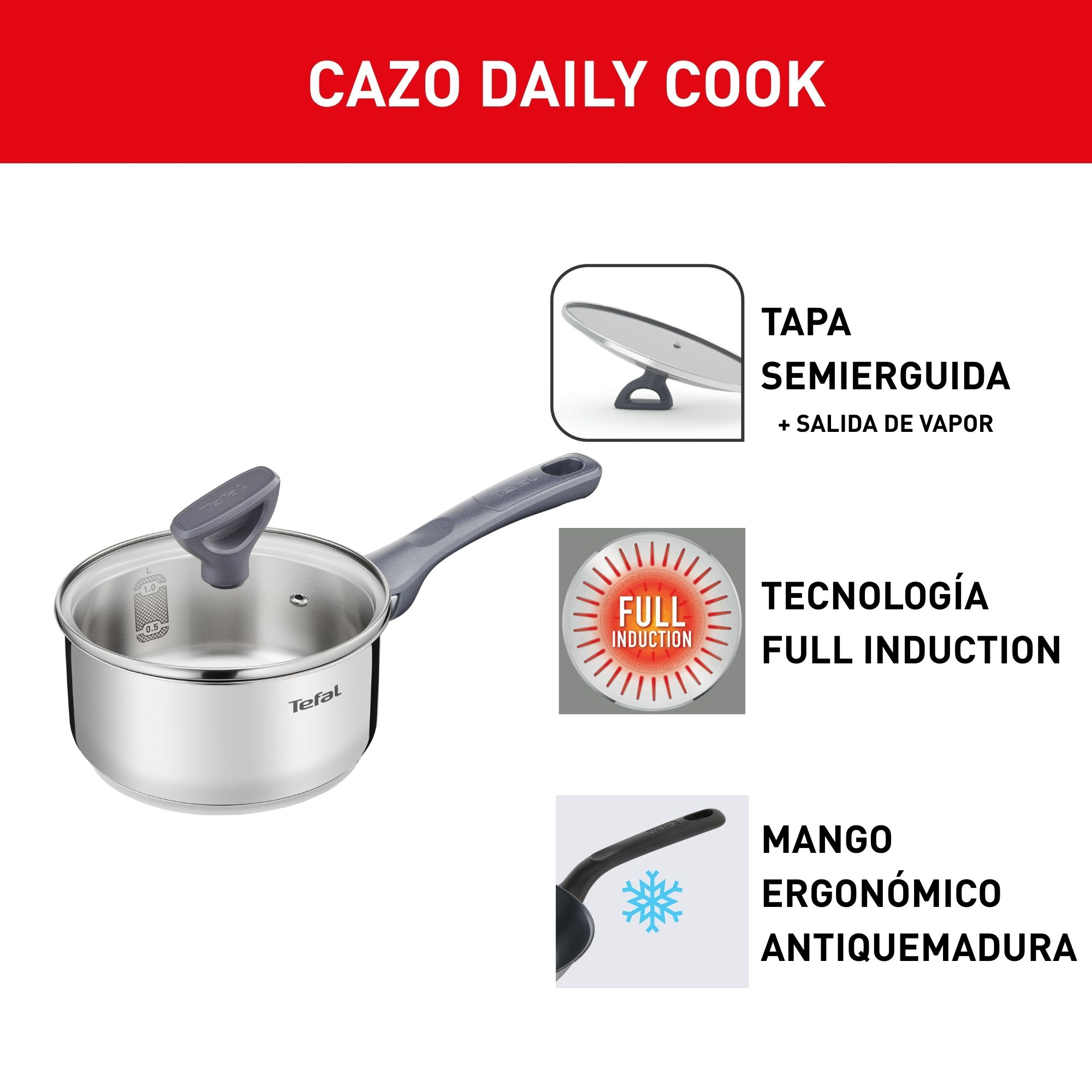 Cazo de acero inoxidable Tefal Daily Cook con tapa de vidrio, base de inducción y mango ergonómico.